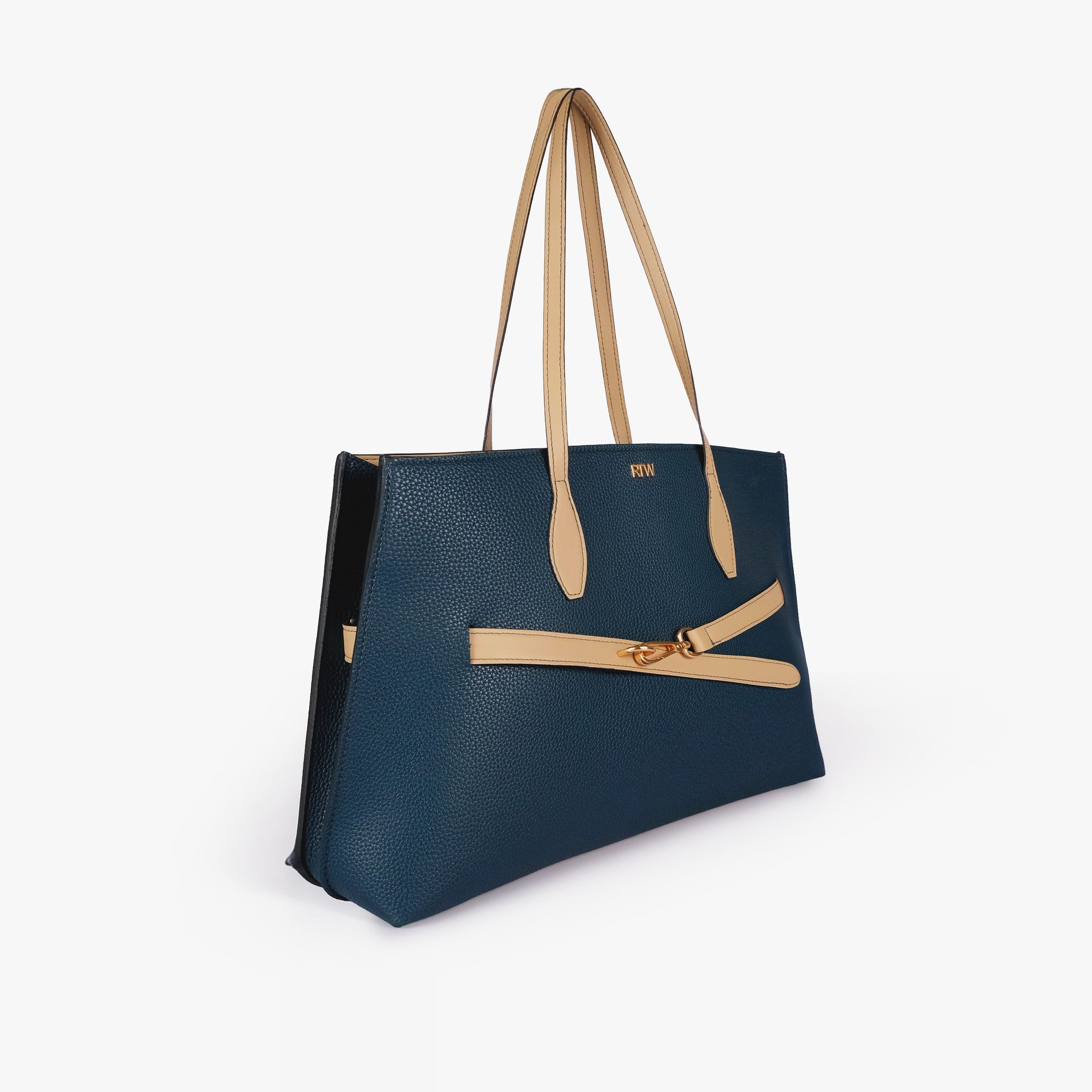 Deep teal pebbled tote with cream smooth handles and decorative front belt strap — hero 3/4 view, gold doglock buckle, mini RTW logo at top center