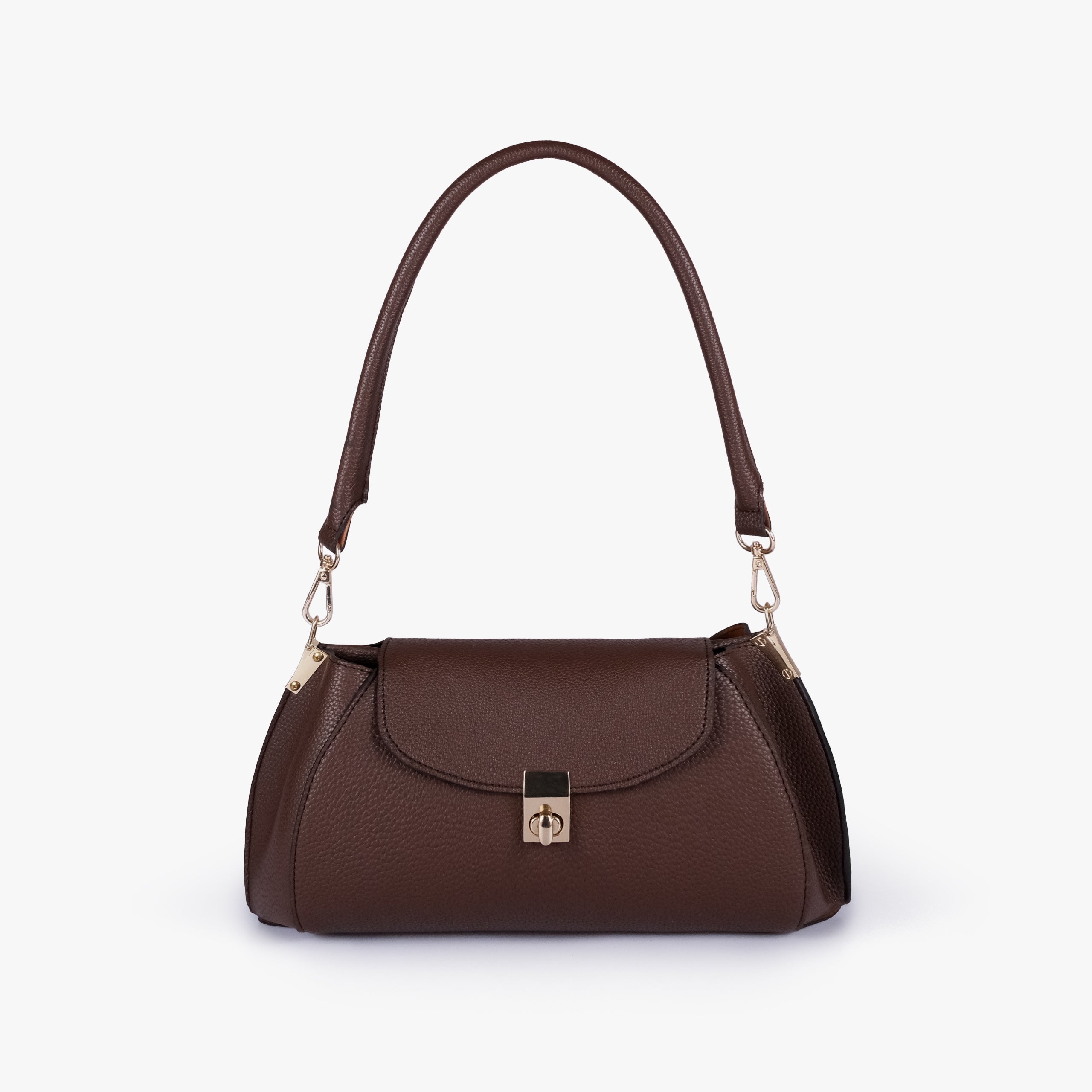 Front view of Dark brown pebble baguette bag