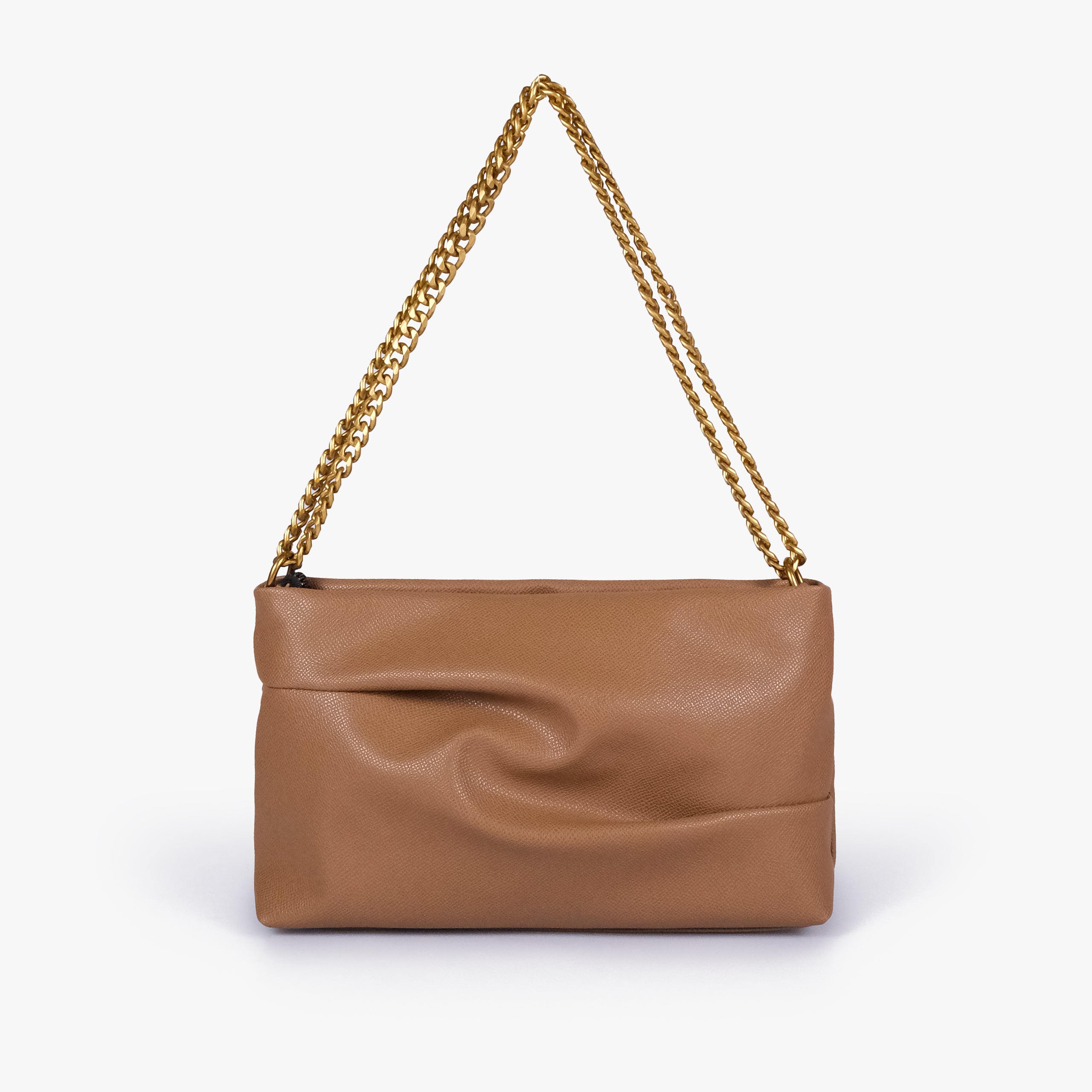 Coffee pleated clutch bag with chain — straight-on front view showing the sculpted pleats, top edge and gold-tone chain shoulder carry, muted coffee tan