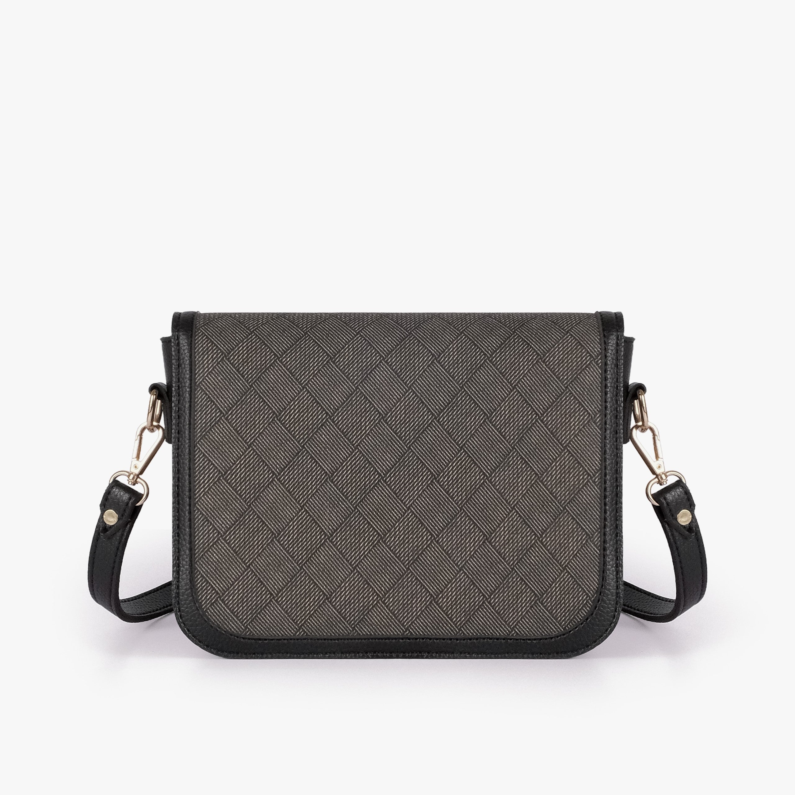 Charcoal contrast cross-body bag — back view showing charcoal box-texture panel framed by black pebbled trim