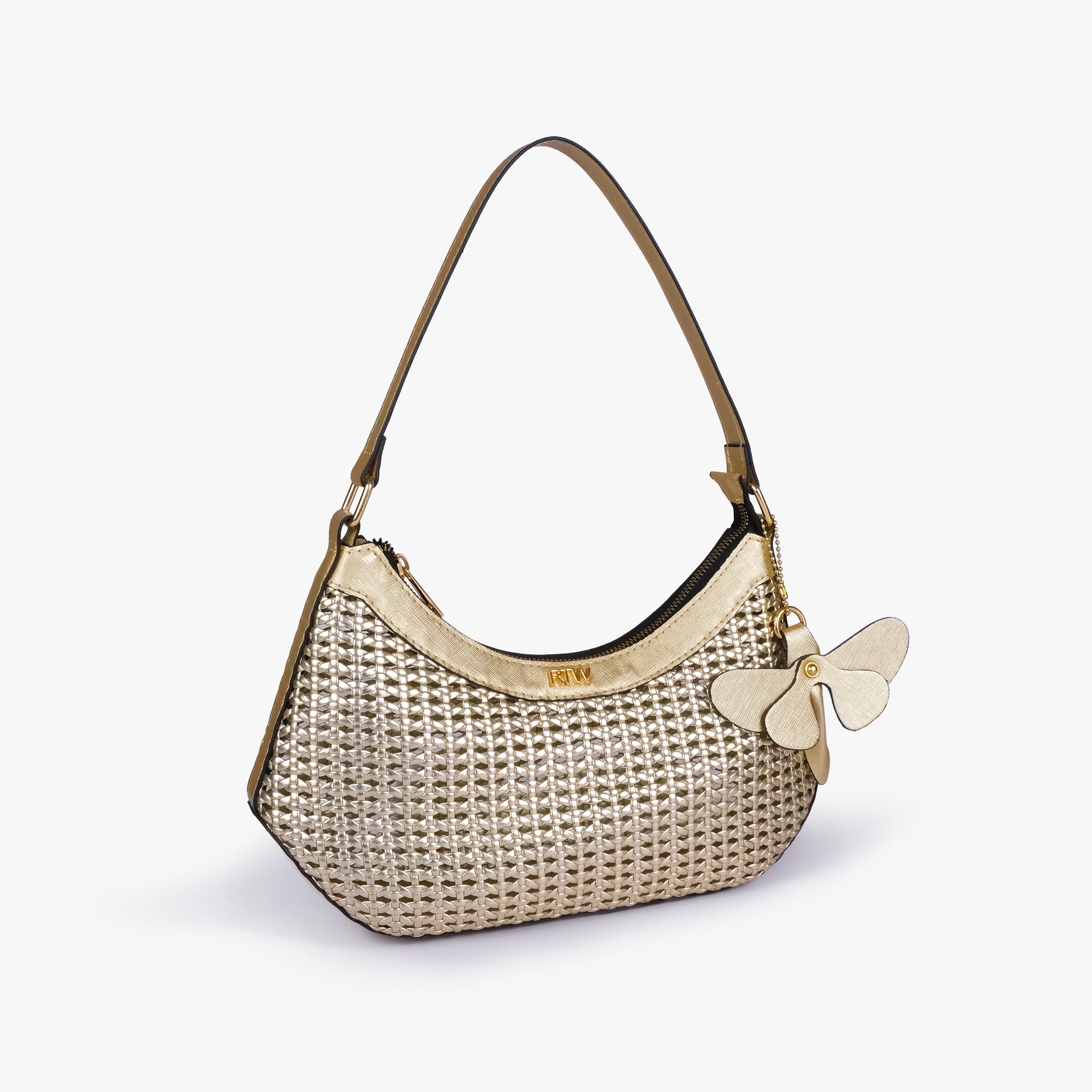 Golden woven shoulder bag in three-quarter view