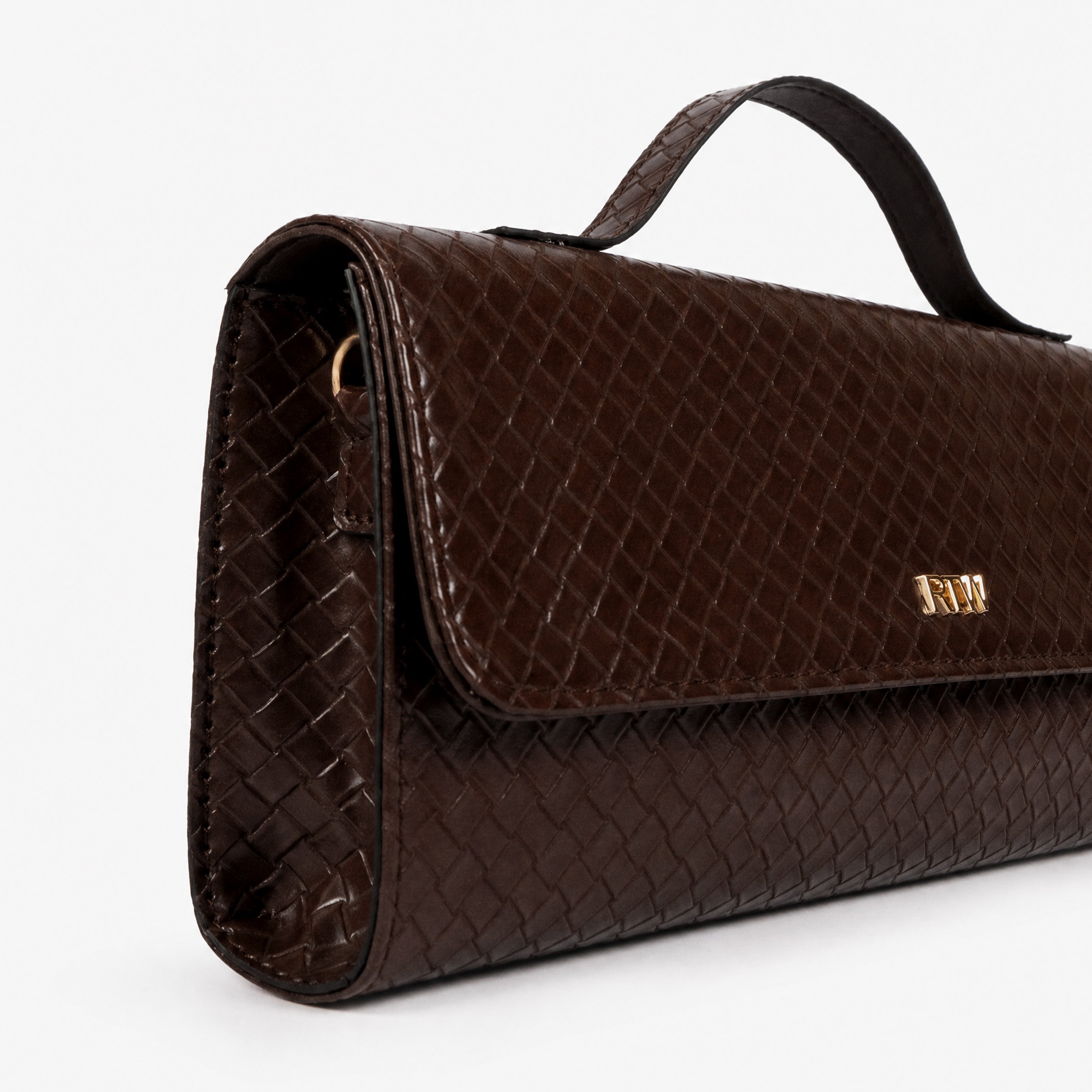 Deep chocolate woven weave clutch — closeup of diamond-lattice weave texture and gold RTW logo plate