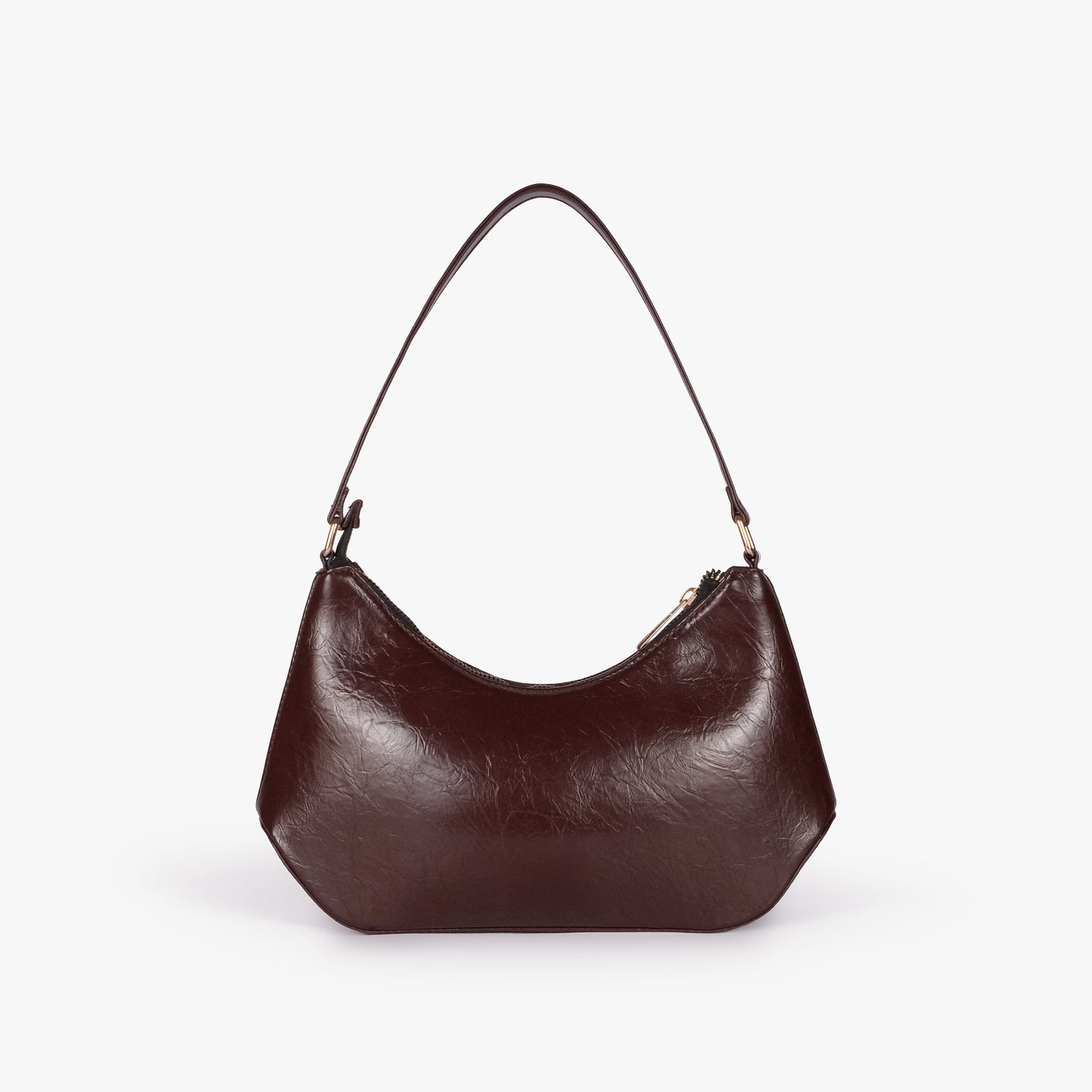 Dark brown crinkle shoulder bag — back view showing the plain crinkle faux-leather panel and curved body shape
