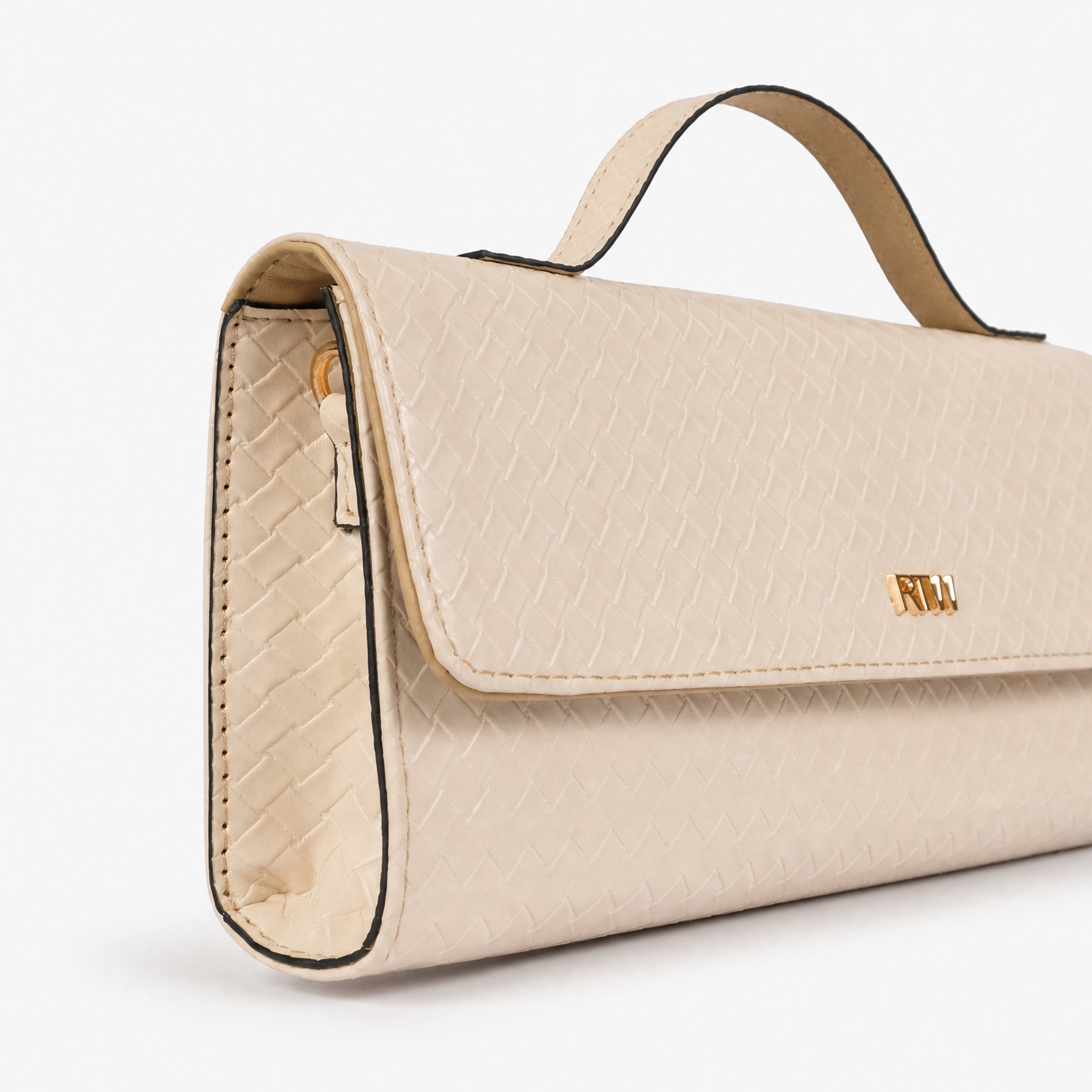 Pale woven cream weave clutch — closeup of diamond-lattice weave texture and gold RTW logo plate