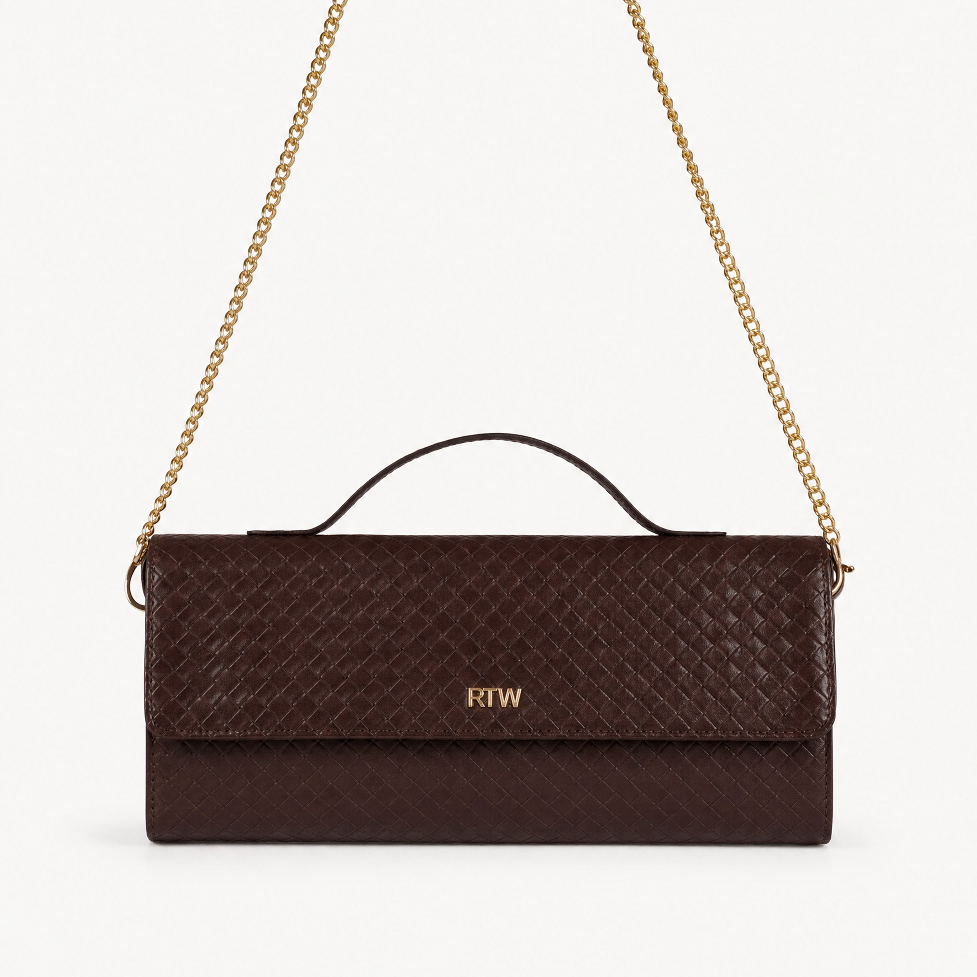 Deep chocolate woven weave clutch — front view with gold chain worn as shoulder strap overhead