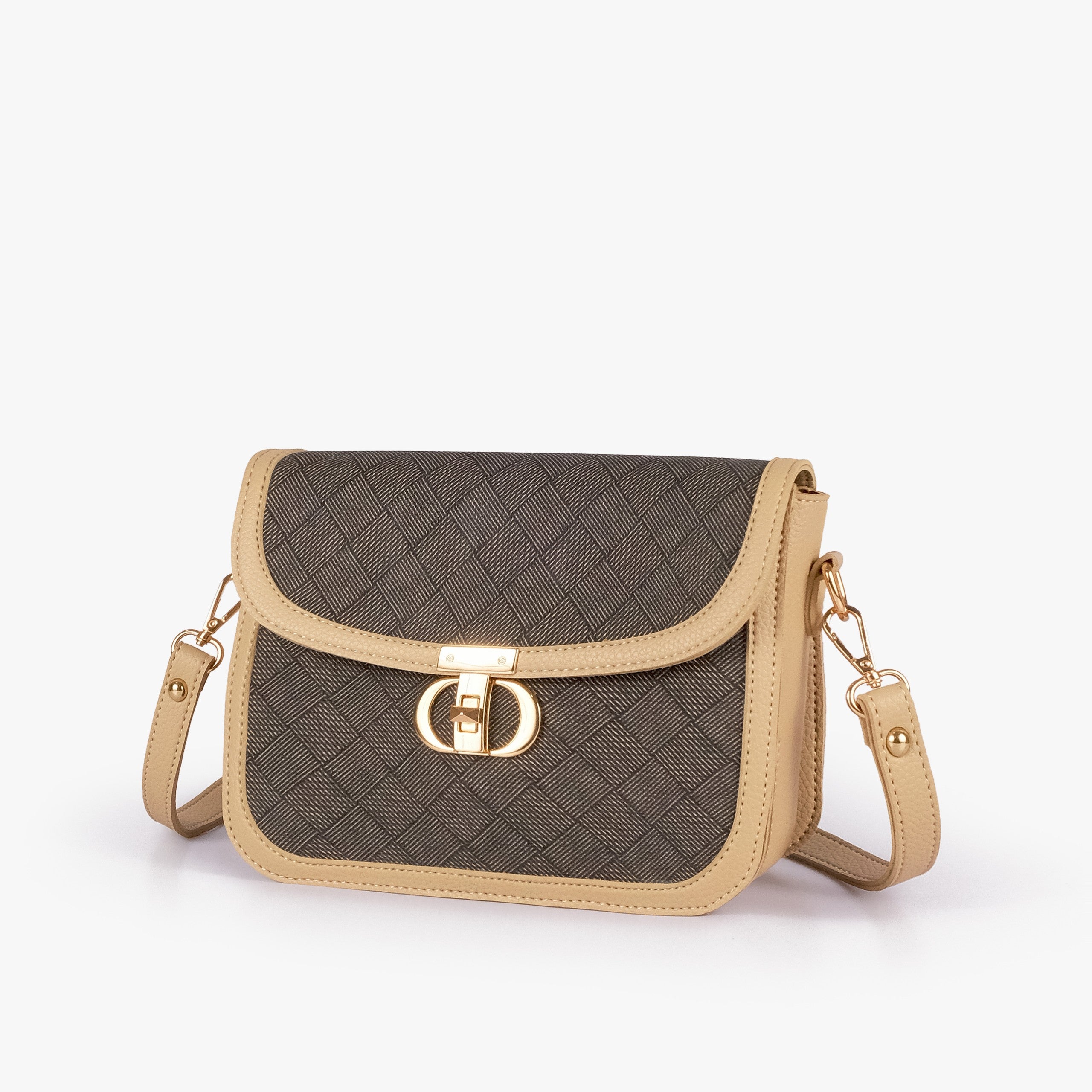 Mocha contrast cross-body bag — hero 3/4 view, dark charcoal box-texture panel, cream pebbled trim, gold CD twist-lock rockstud and strap