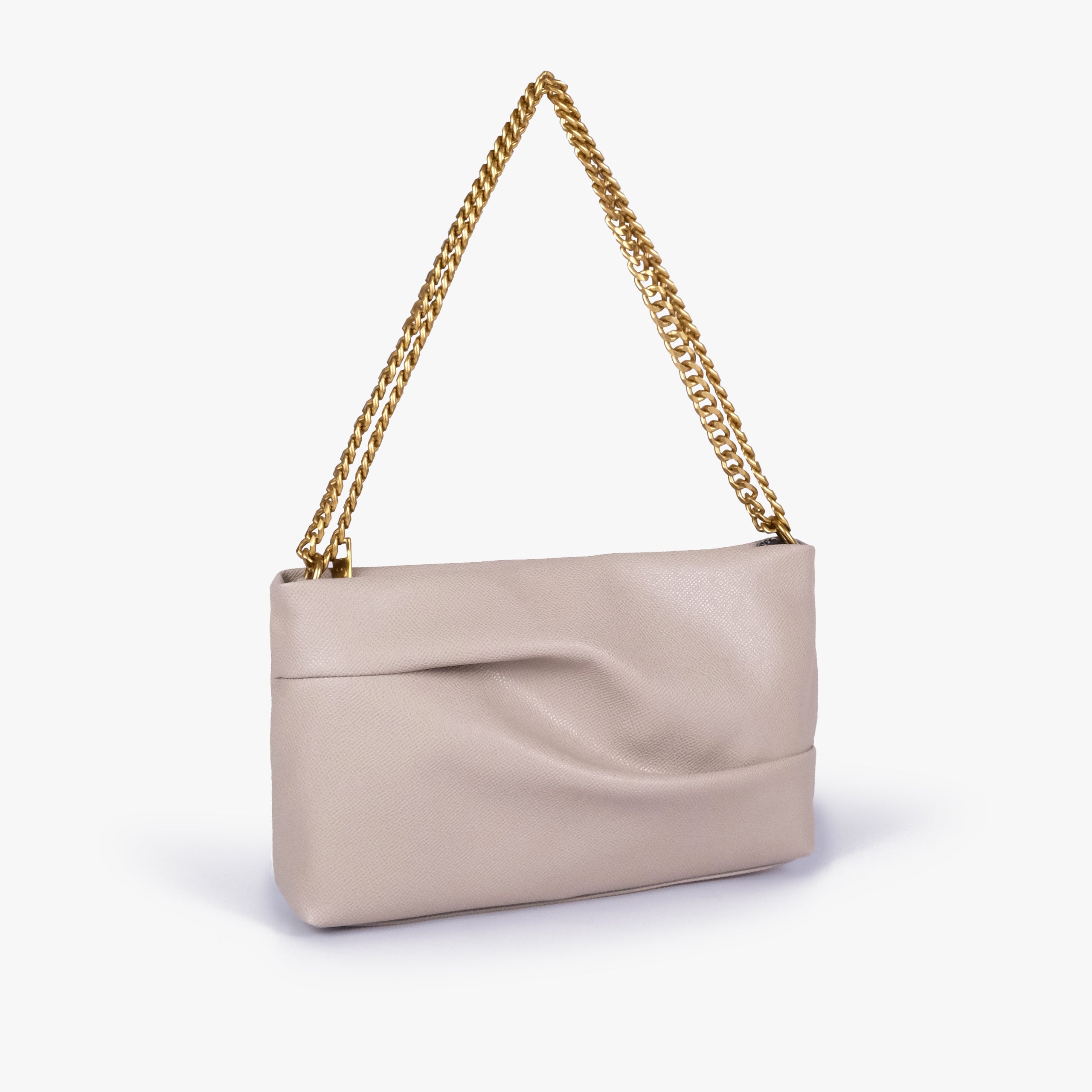 Taupe pleated clutch bag with chain — three-quarter view showing the slim rectangular silhouette, pleated panel and gold-tone chain, pale gray-beige taupe