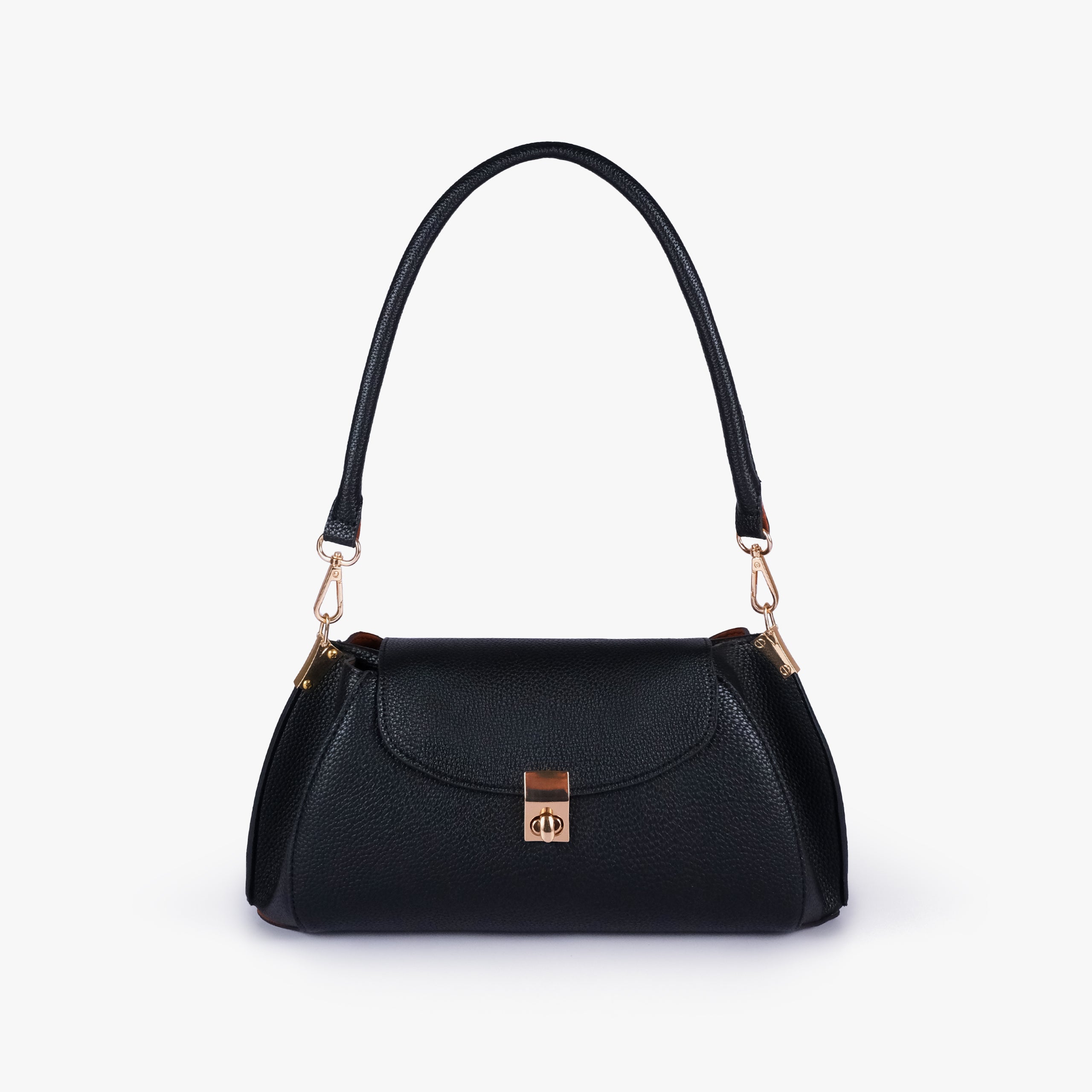 Front view of Black pebble baguette bag