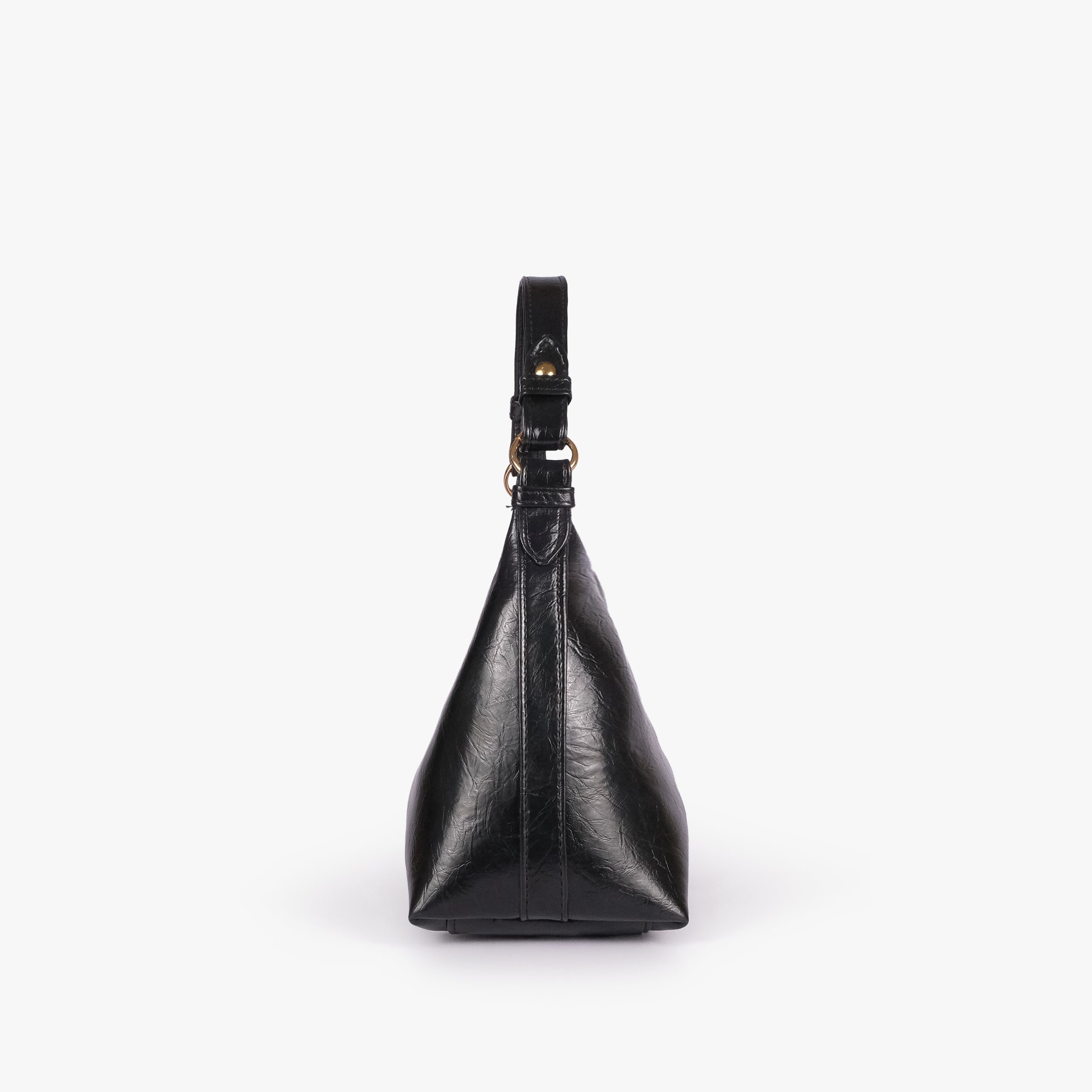 Black crinkle crescent hobo — side profile showing the tapered crescent hobo depth and integrated shoulder handle