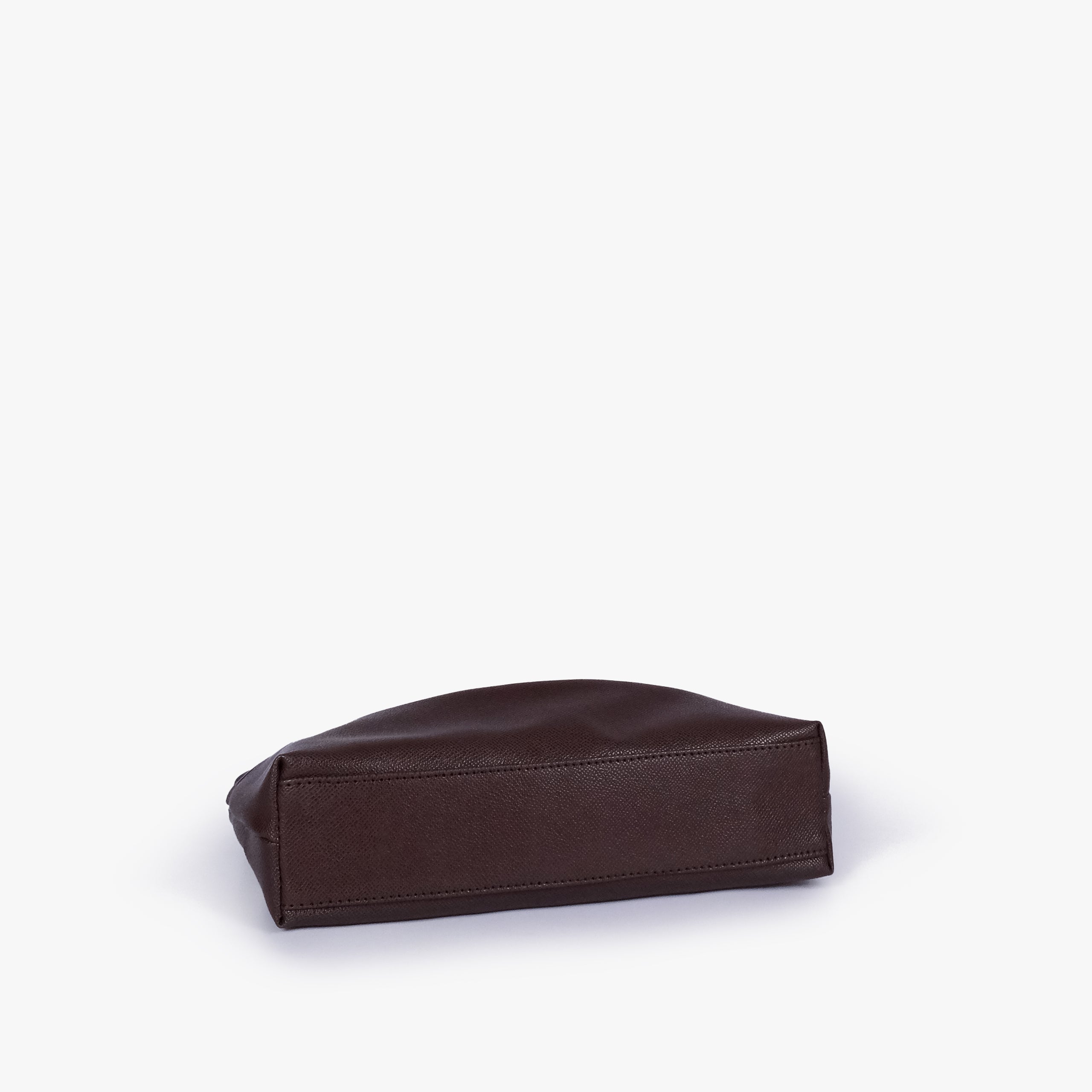 Dark brown pleated clutch bag with chain — bottom view showing the stitched flat base and slim depth, deep espresso brown