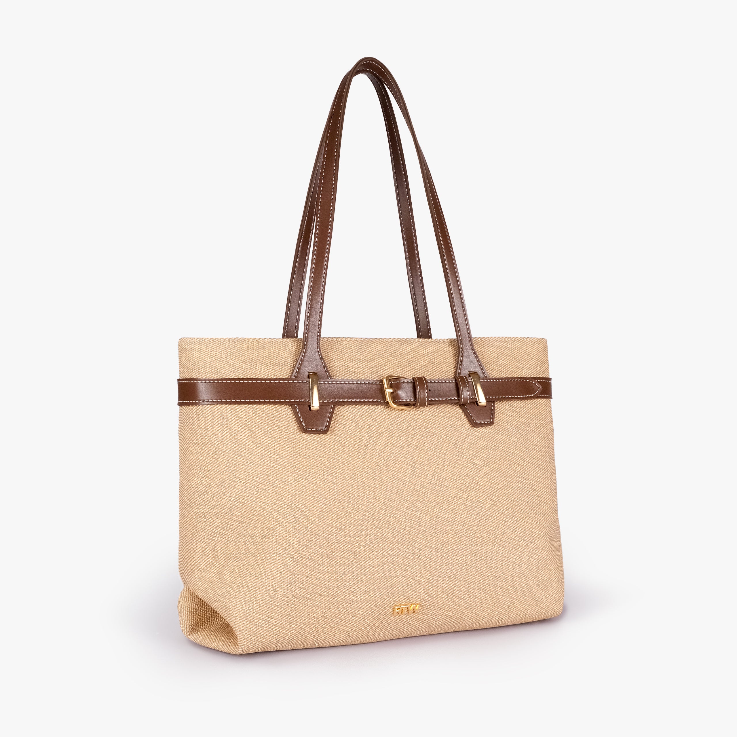 Brown belted tote bag — upright front three-quarter view showing the long shoulder handles, rectangular tote shape, textured body, and smooth trim, cream-tan textured body with brown smooth faux-leather trim