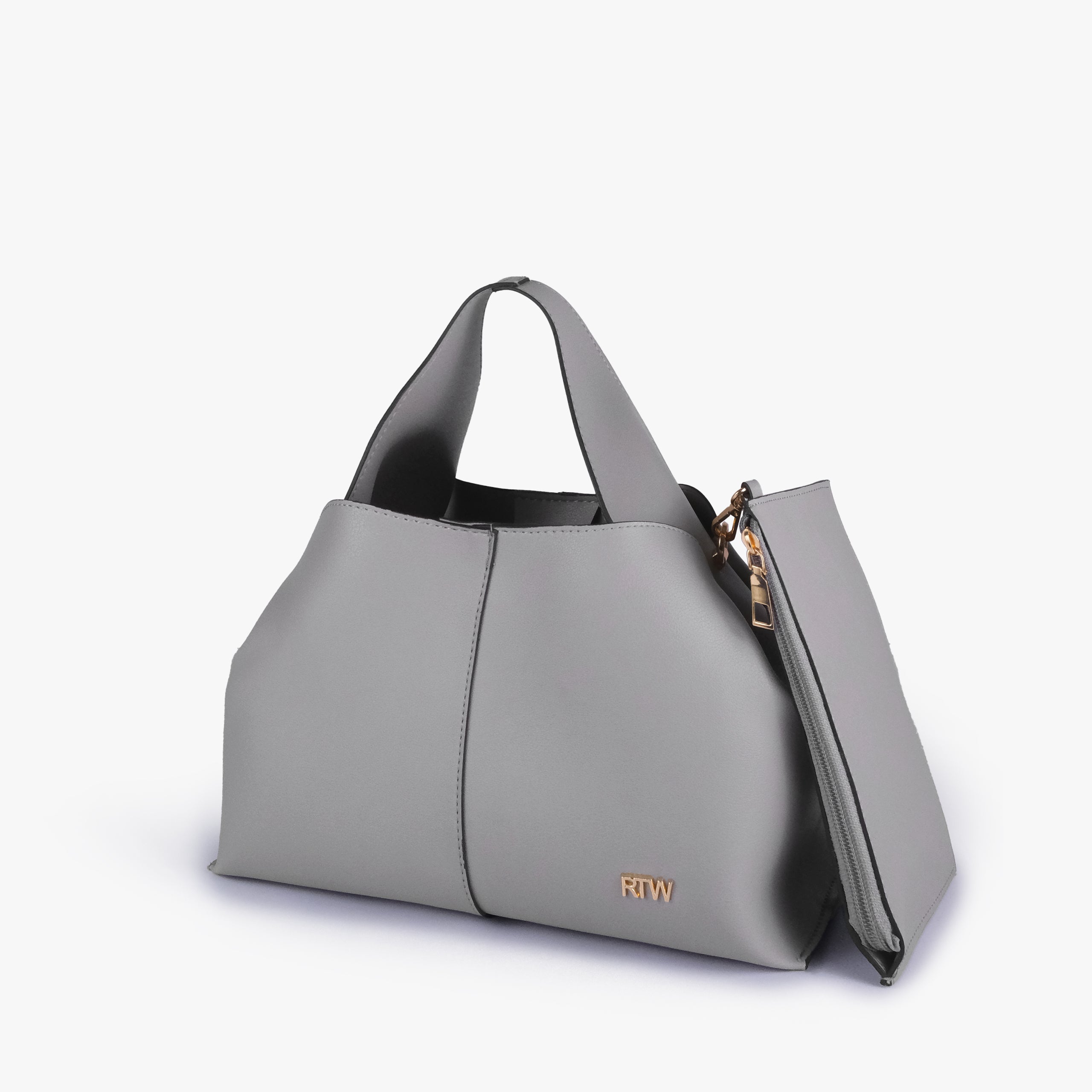 Grey draped mini tote in three-quarter view