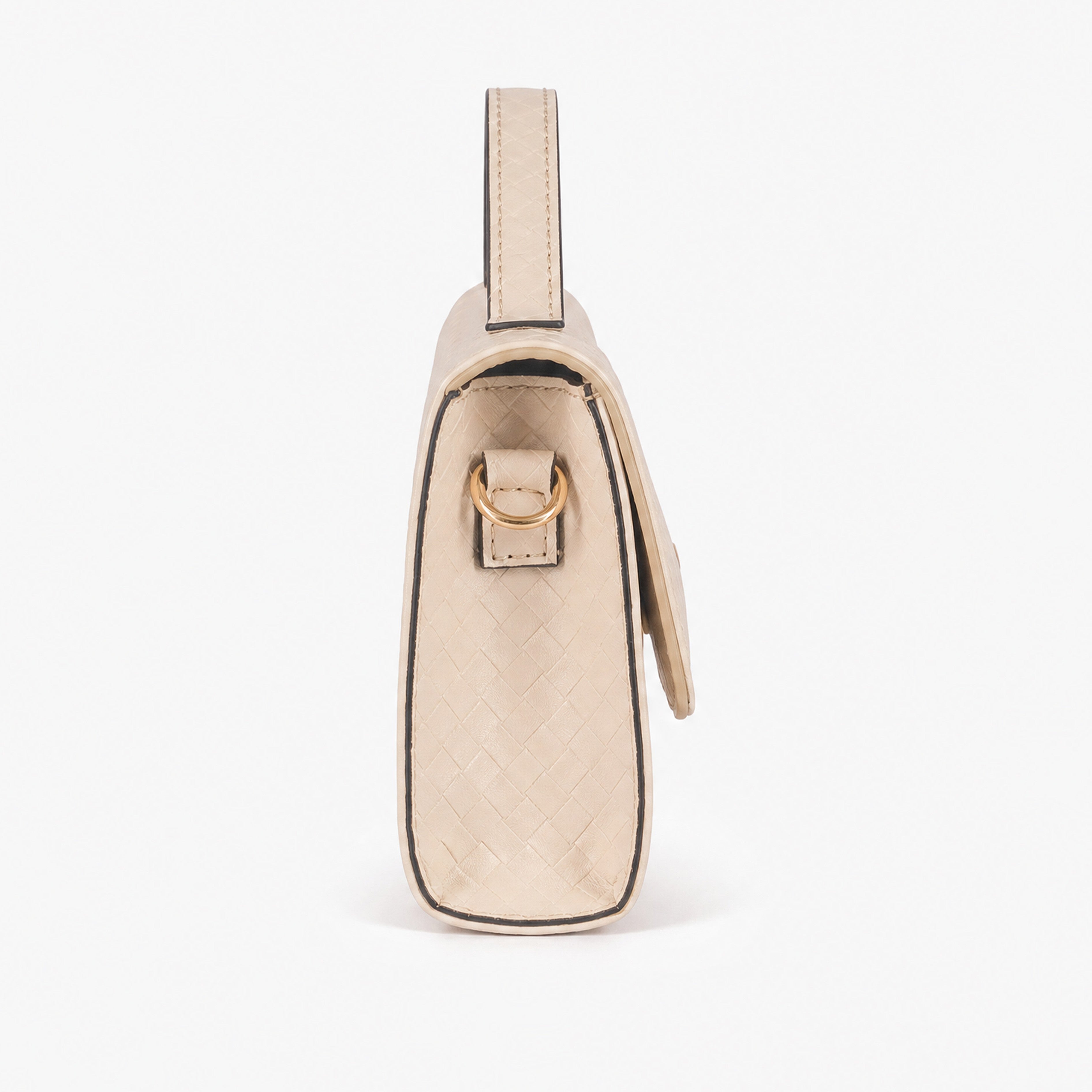 Pale woven cream weave clutch — side profile showing gold D-ring attachment, gusset depth, and top handle base