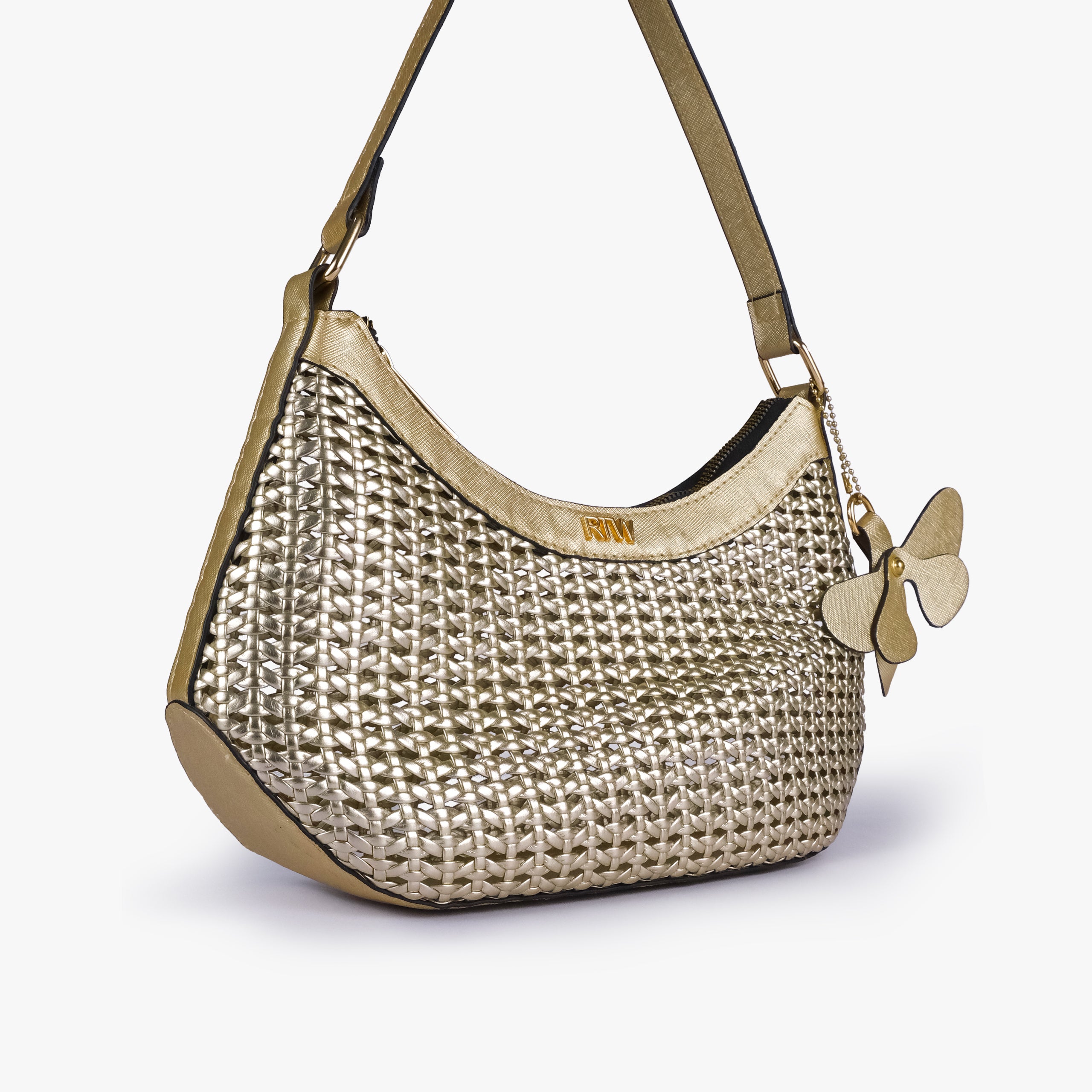 Golden woven shoulder bag in angled hero view