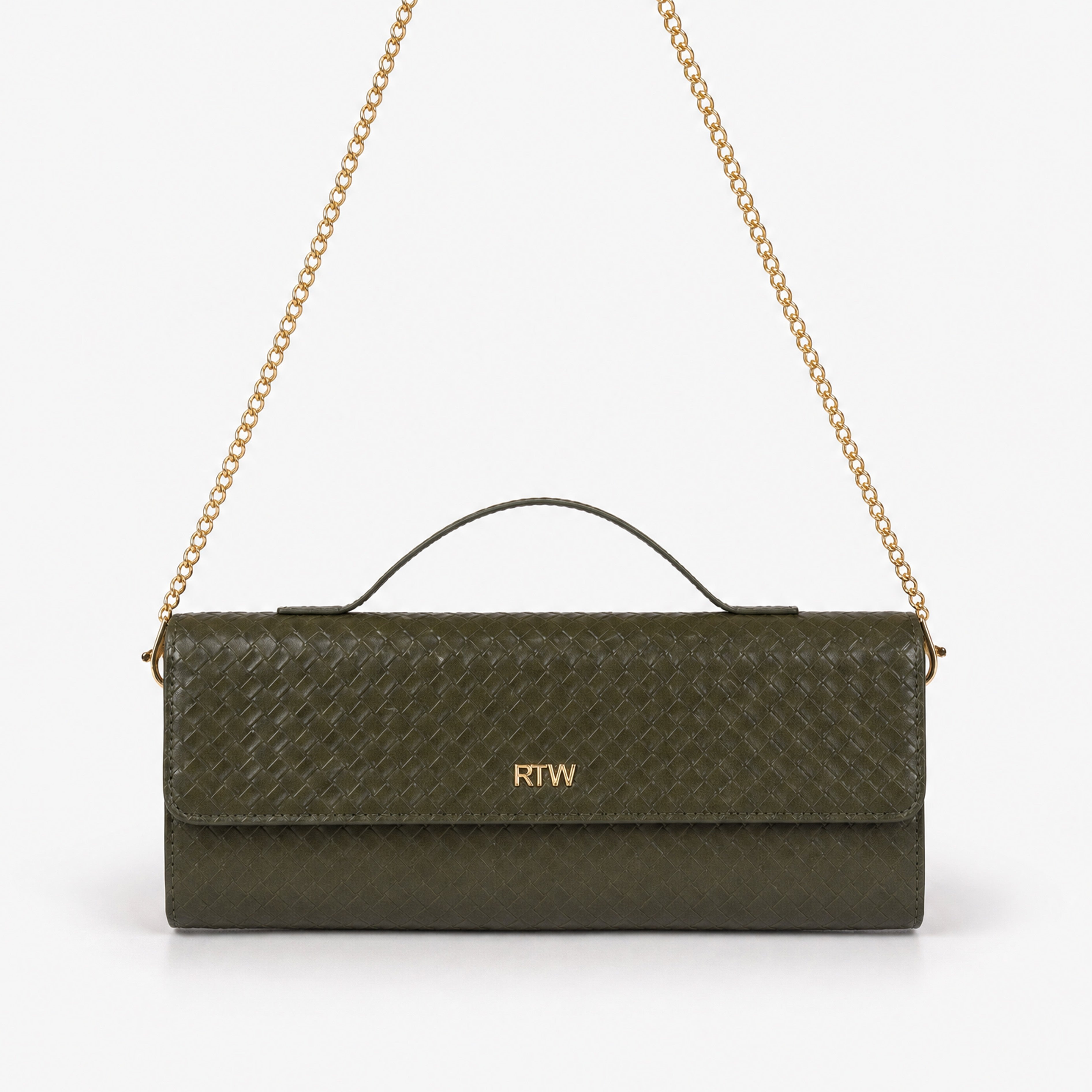 Dark olive woven weave clutch — front view with gold chain worn as shoulder strap overhead