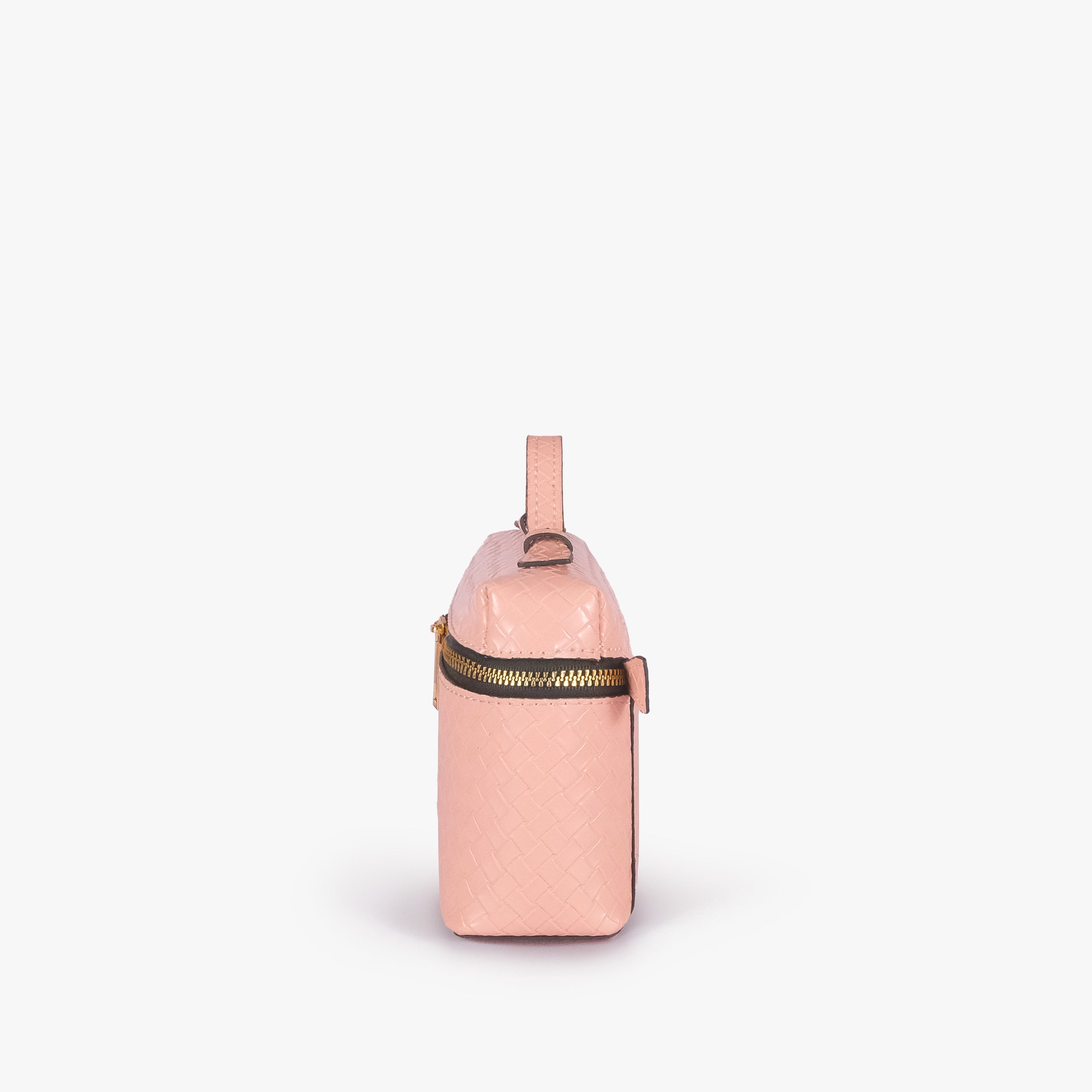 Peach weave vanity top-handle bag — side profile showing the structured depth, wraparound zipper band near the top, side attachment tab, and long strap