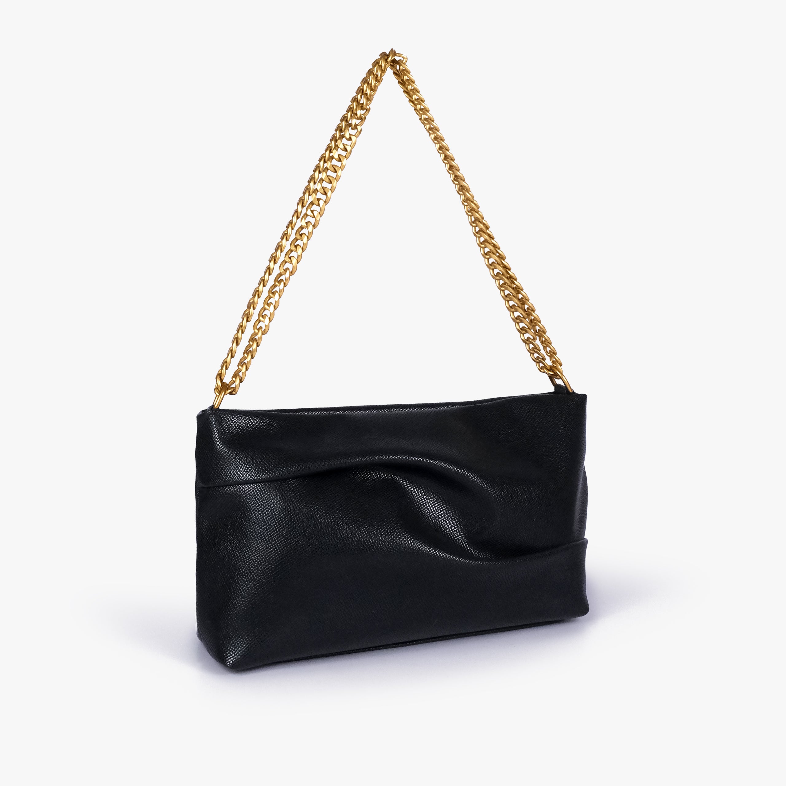 Black pleated clutch bag with chain — three-quarter view showing the slim rectangular silhouette, pleated panel and gold-tone chain, deep black