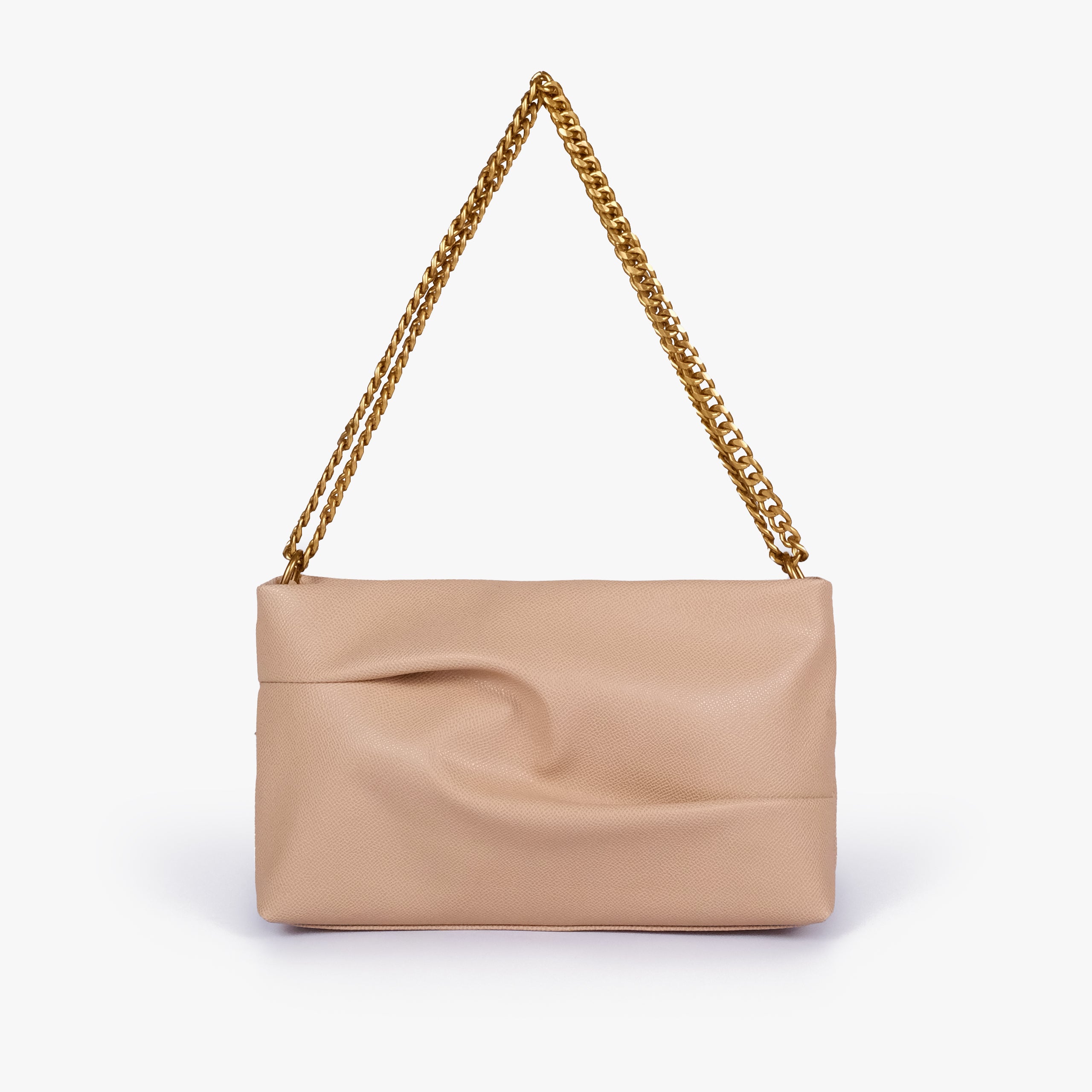 Beige pleated clutch bag with chain — straight-on front view showing the sculpted pleats, top edge and gold-tone chain shoulder carry, warm pale beige