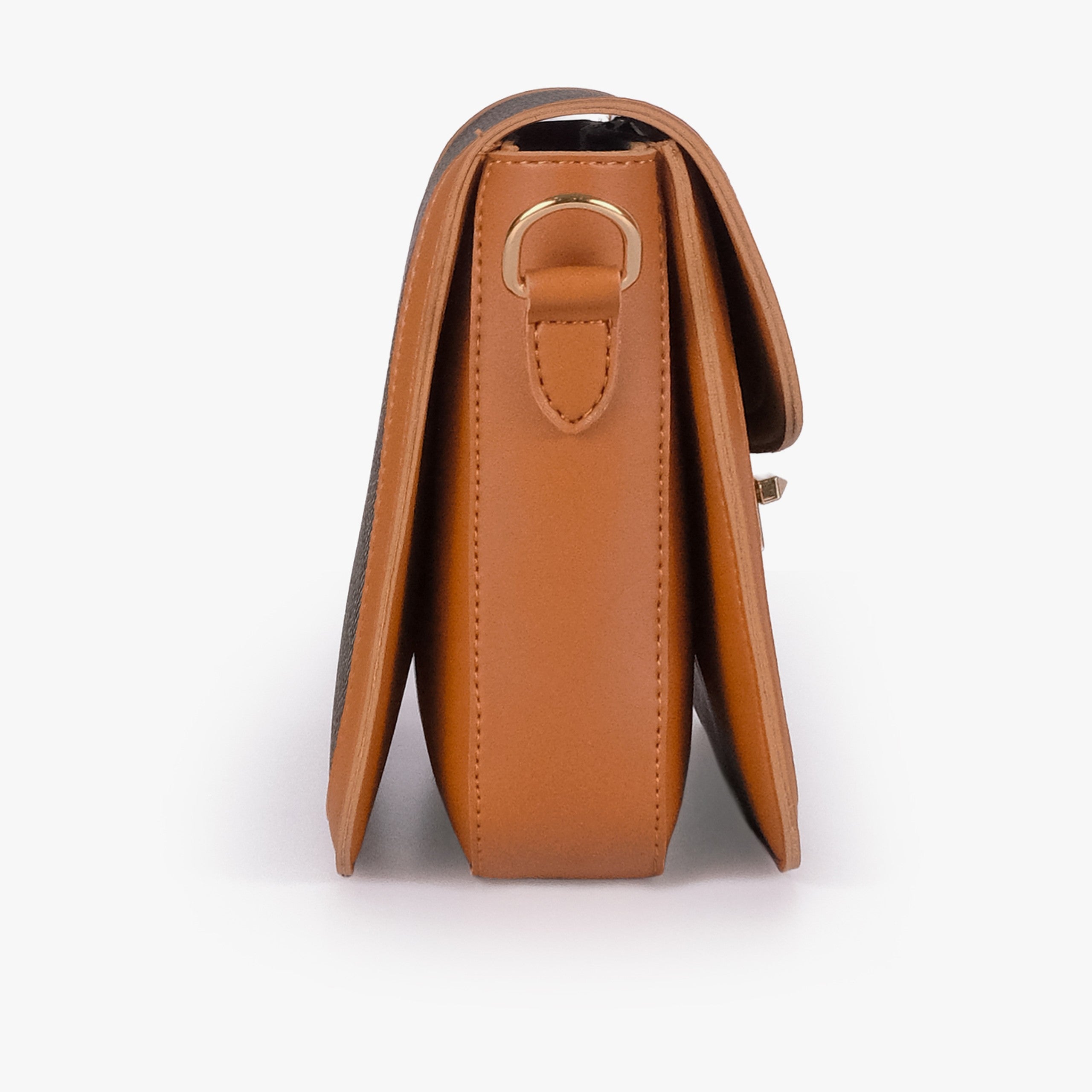 Camel contrast cross-body bag — side profile showing slim gusset and gold D-ring on camel trim