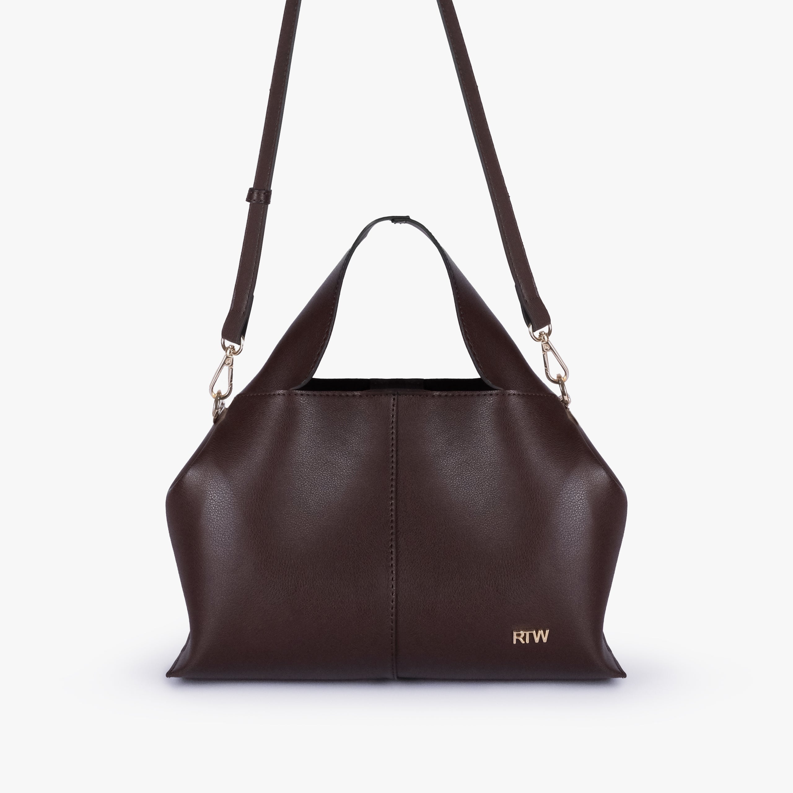 Front view of Dark brown draped mini tote with detachable shoulder strap