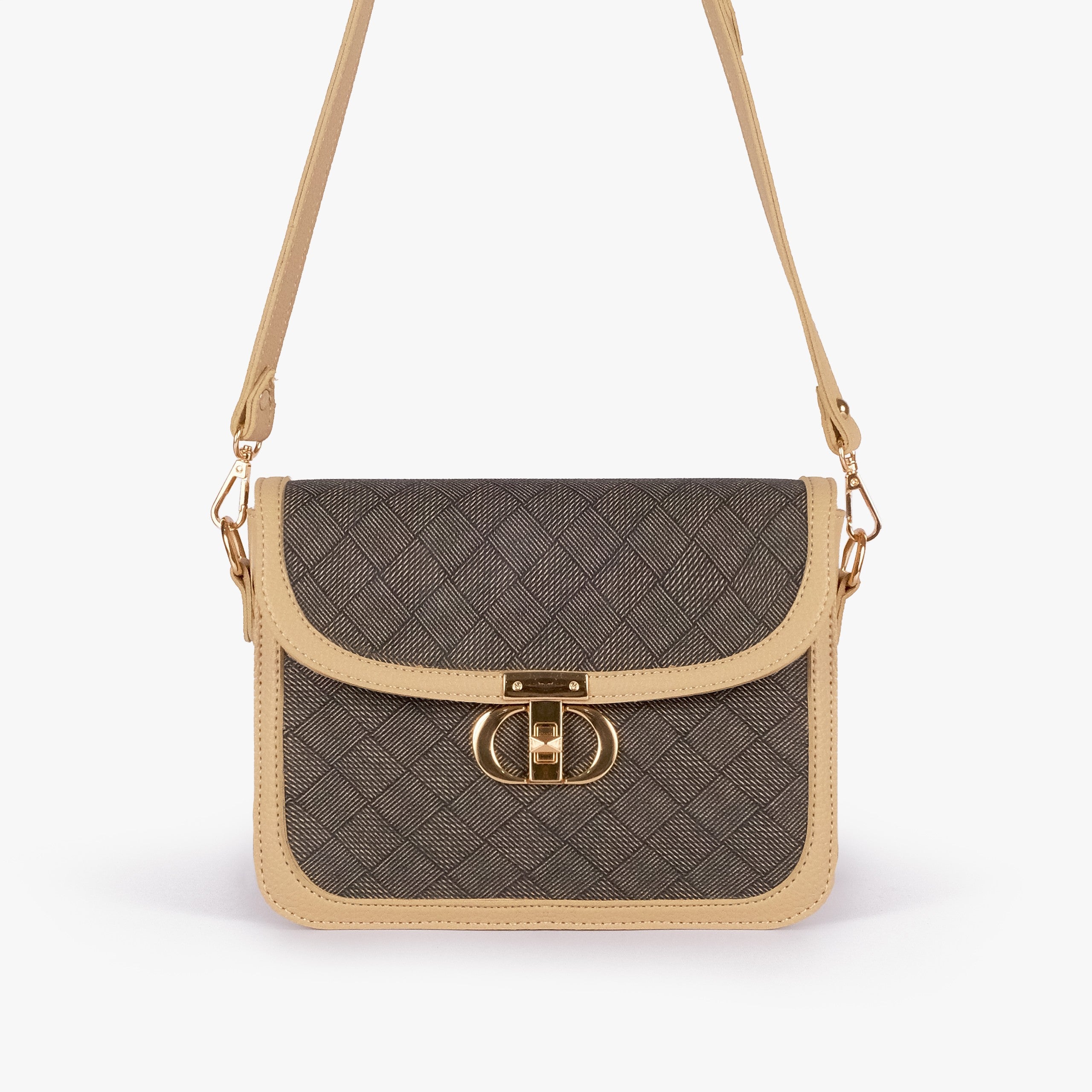 Mocha contrast cross-body bag — front view with cream strap overhead, cross-body carry position