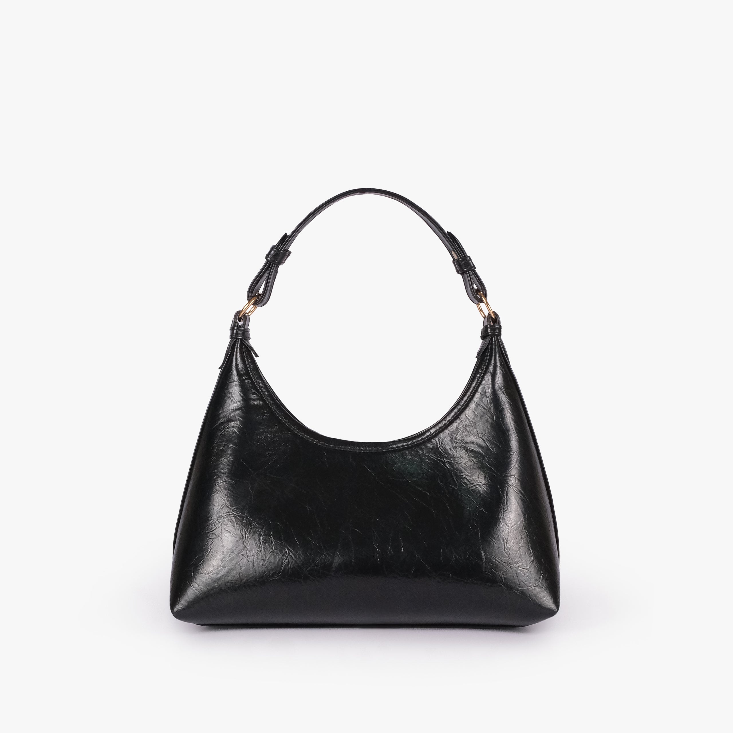 Black crinkle crescent hobo — back view showing the plain crinkle faux-leather panel and curved body shape