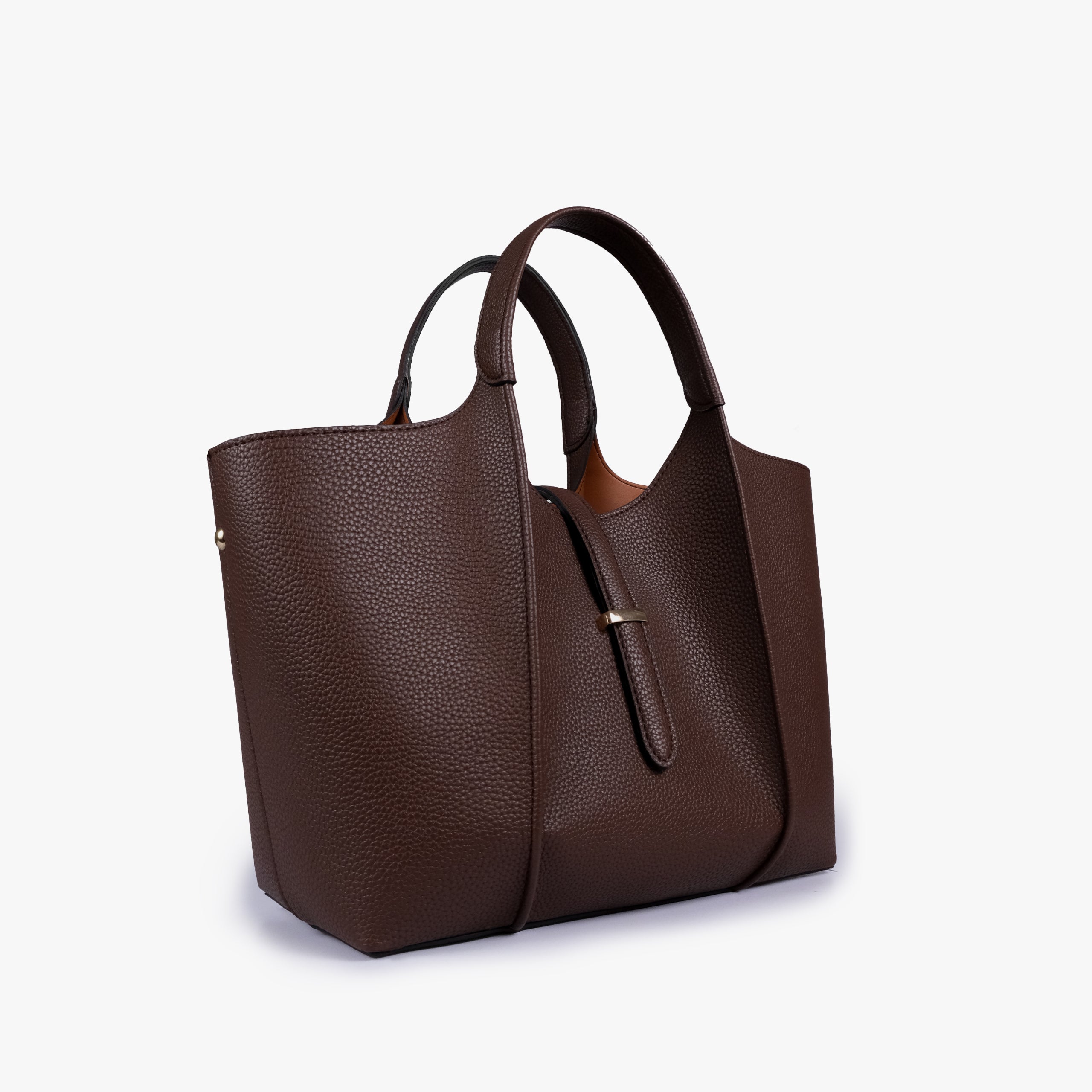 Dark brown scoop mini tote bag in three-quarter view