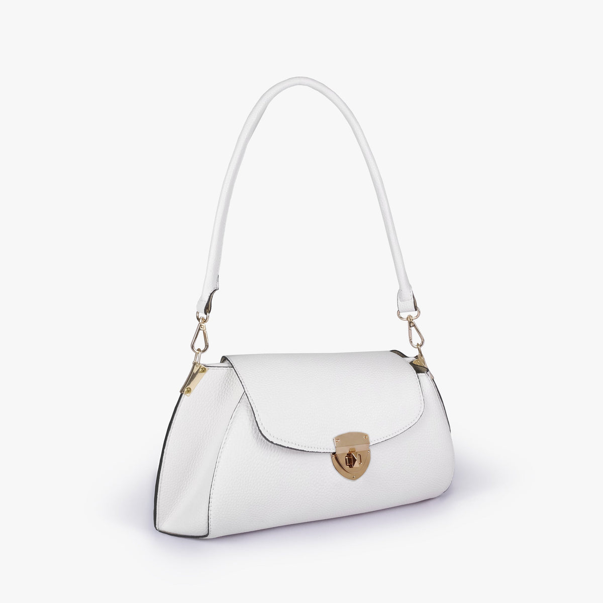 Ivory pebble baguette bag in three-quarter view