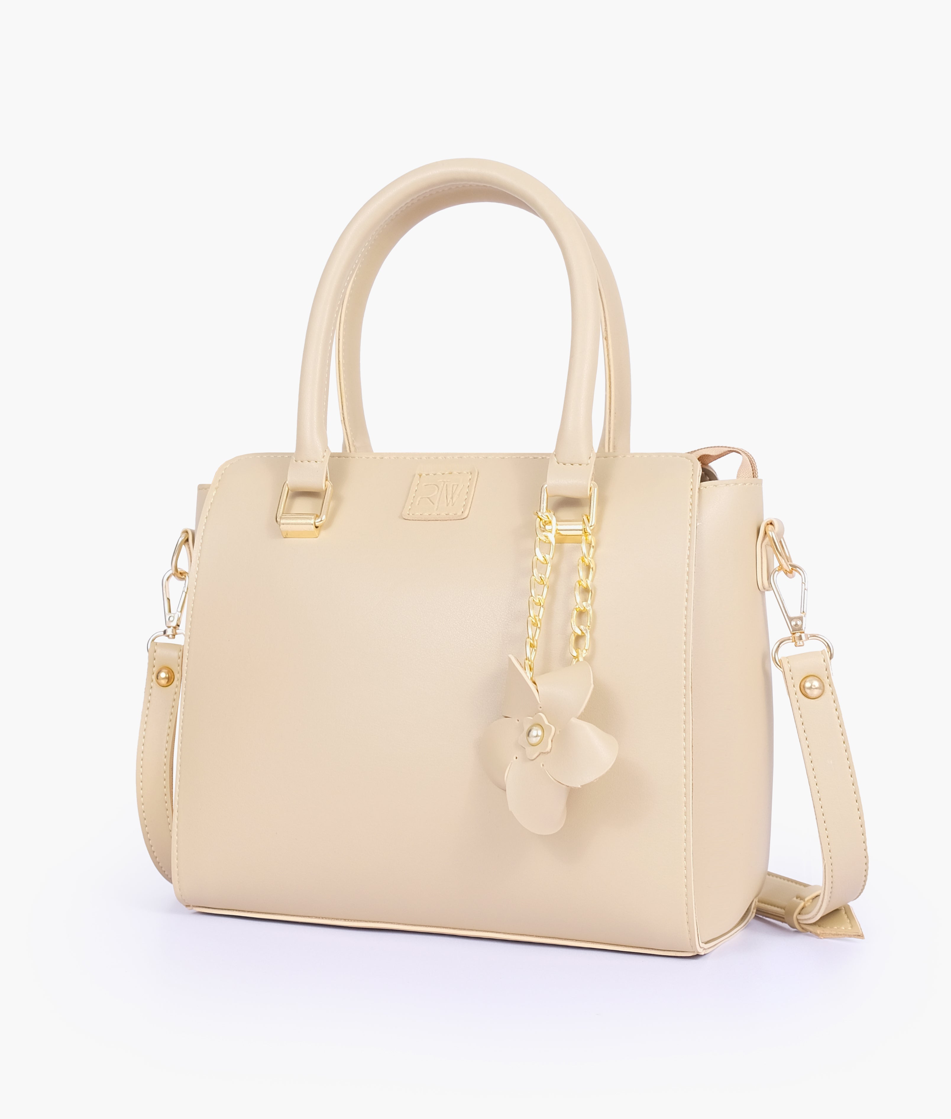 Classy Off-White Handbag with Flower Charm – RTW Creation