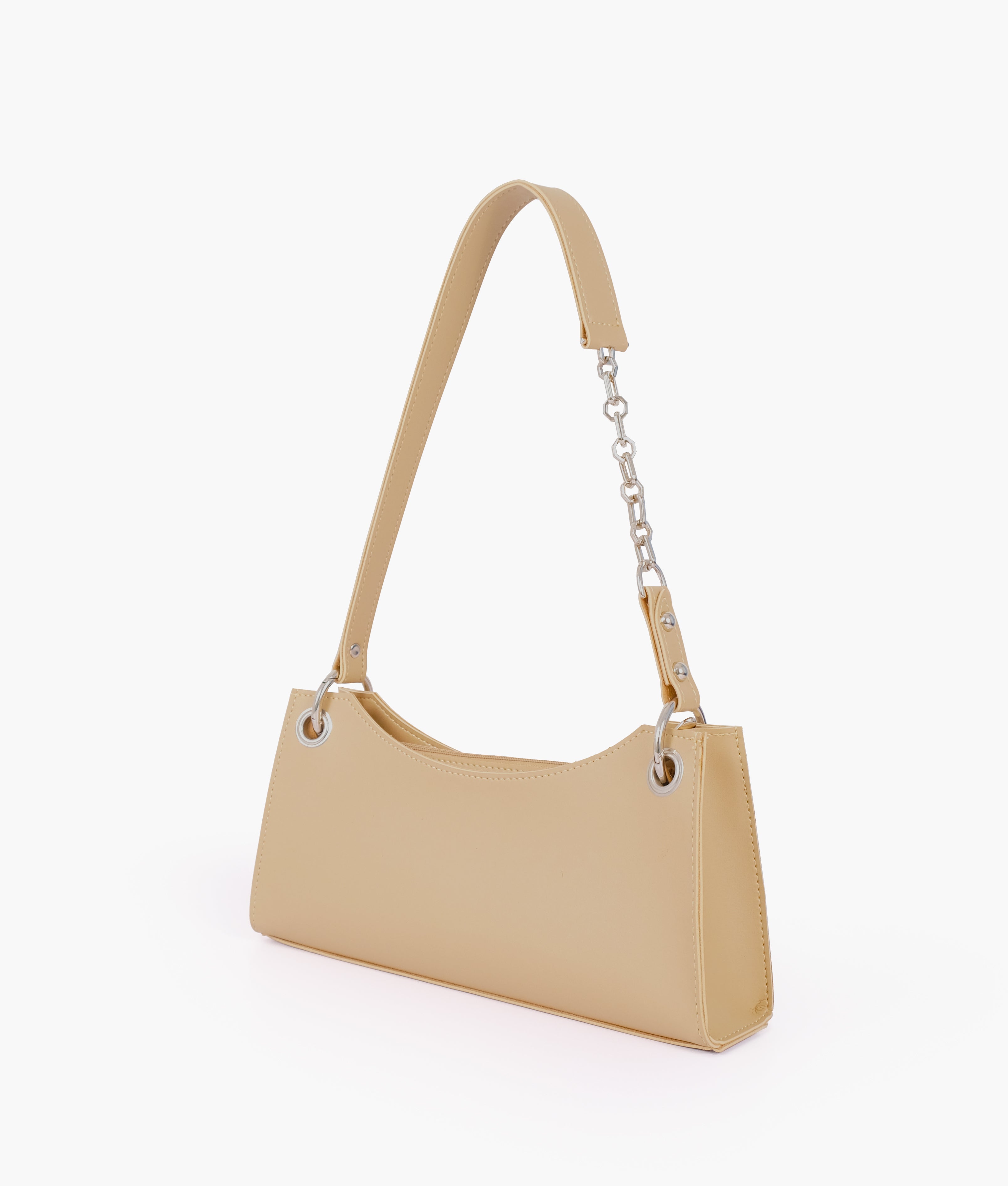 Off-white elongated chain handle purse in three-quarter view