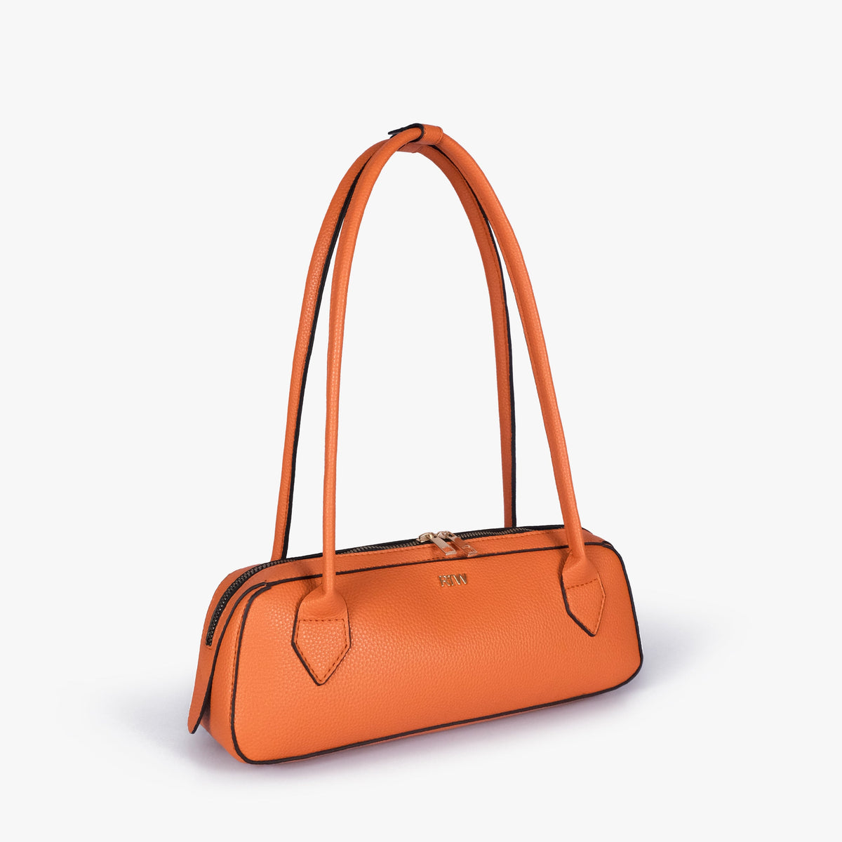 Orange east-west baguette bag in three-quarter view