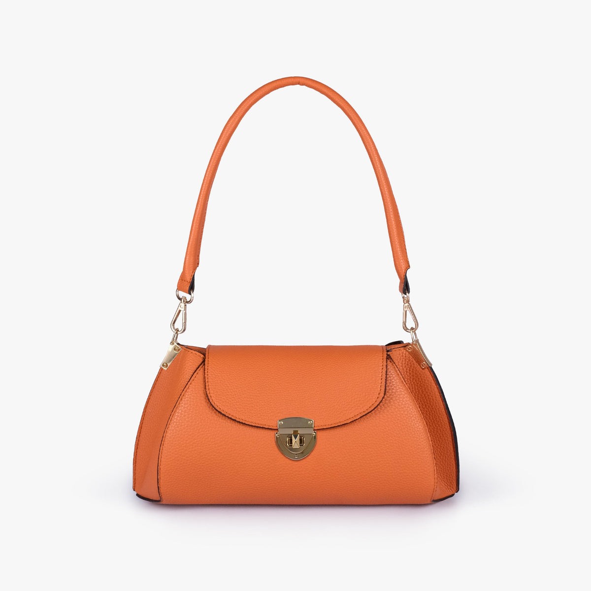 Front view of Orange pebble baguette bag