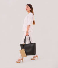 Black tote bag with detachable pouch