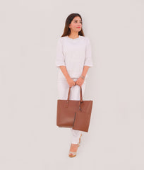 Brown tote bag with detachable pouch