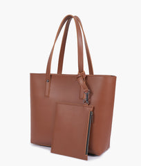 Brown tote bag with detachable pouch