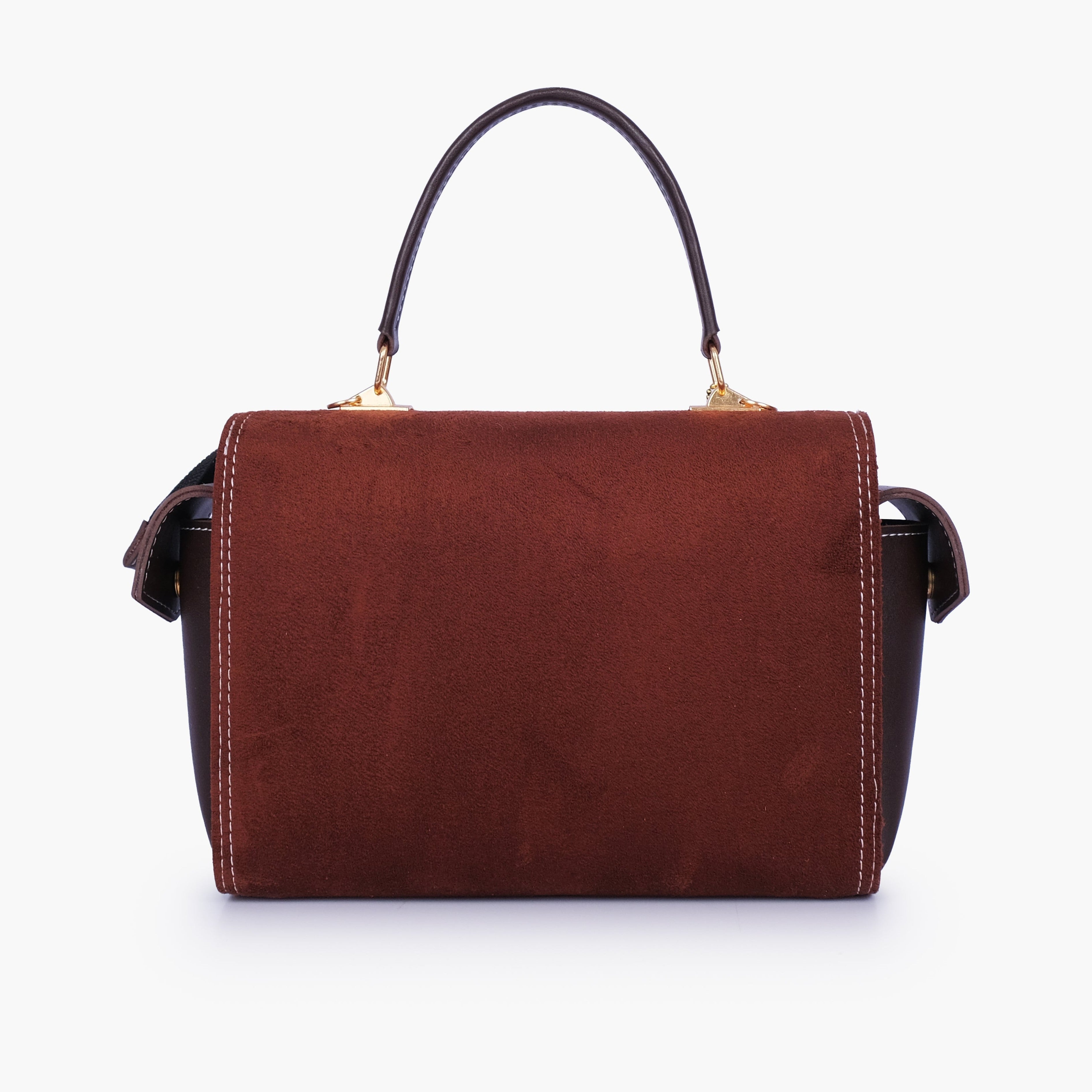 Dark brown suede bowling bag with top-handle