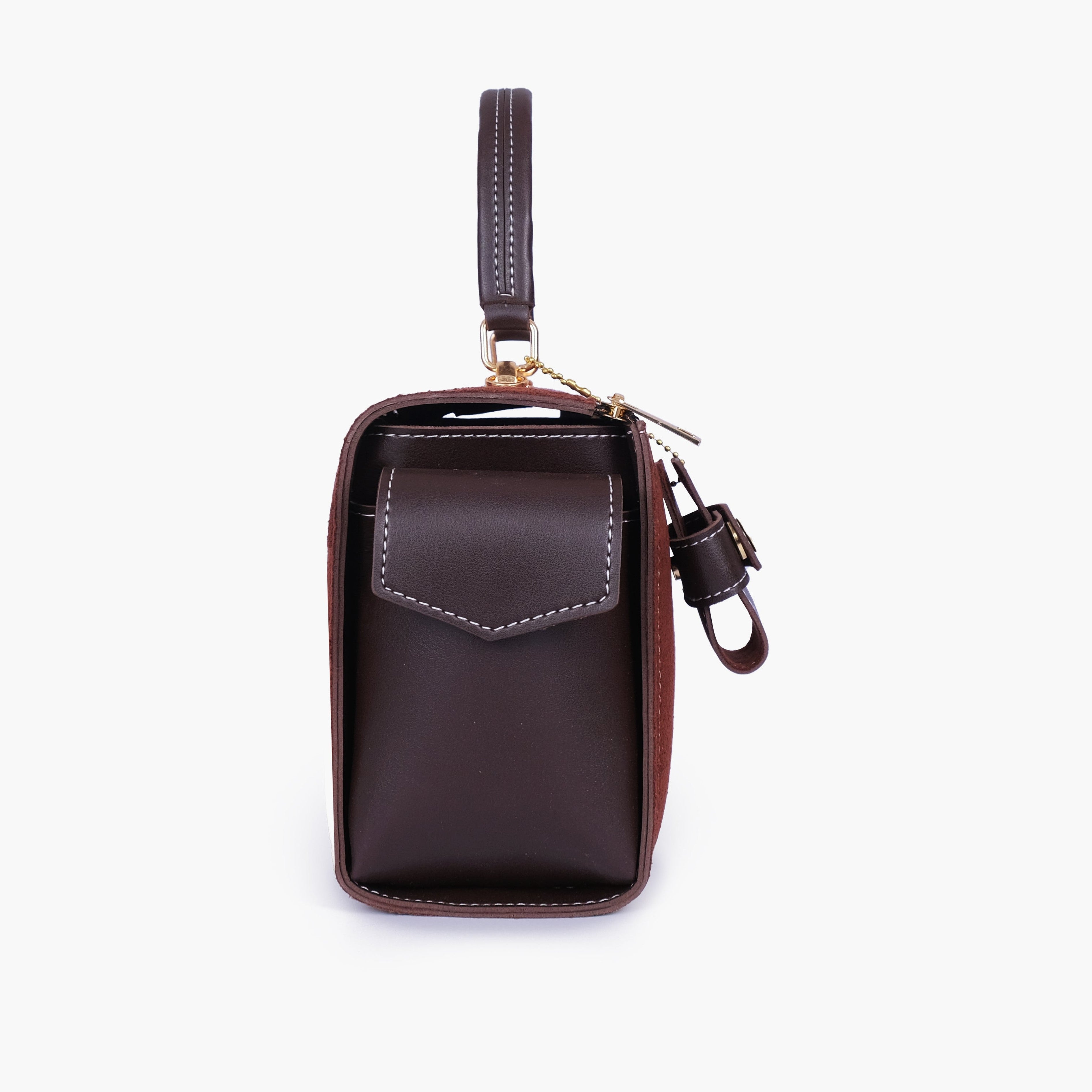 Dark brown suede bowling bag with top-handle