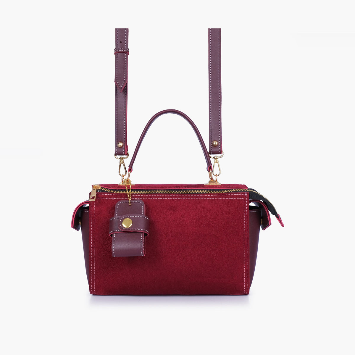 Burgundy suede bowling bag with top-handle