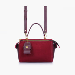 Burgundy suede bowling bag with top-handle