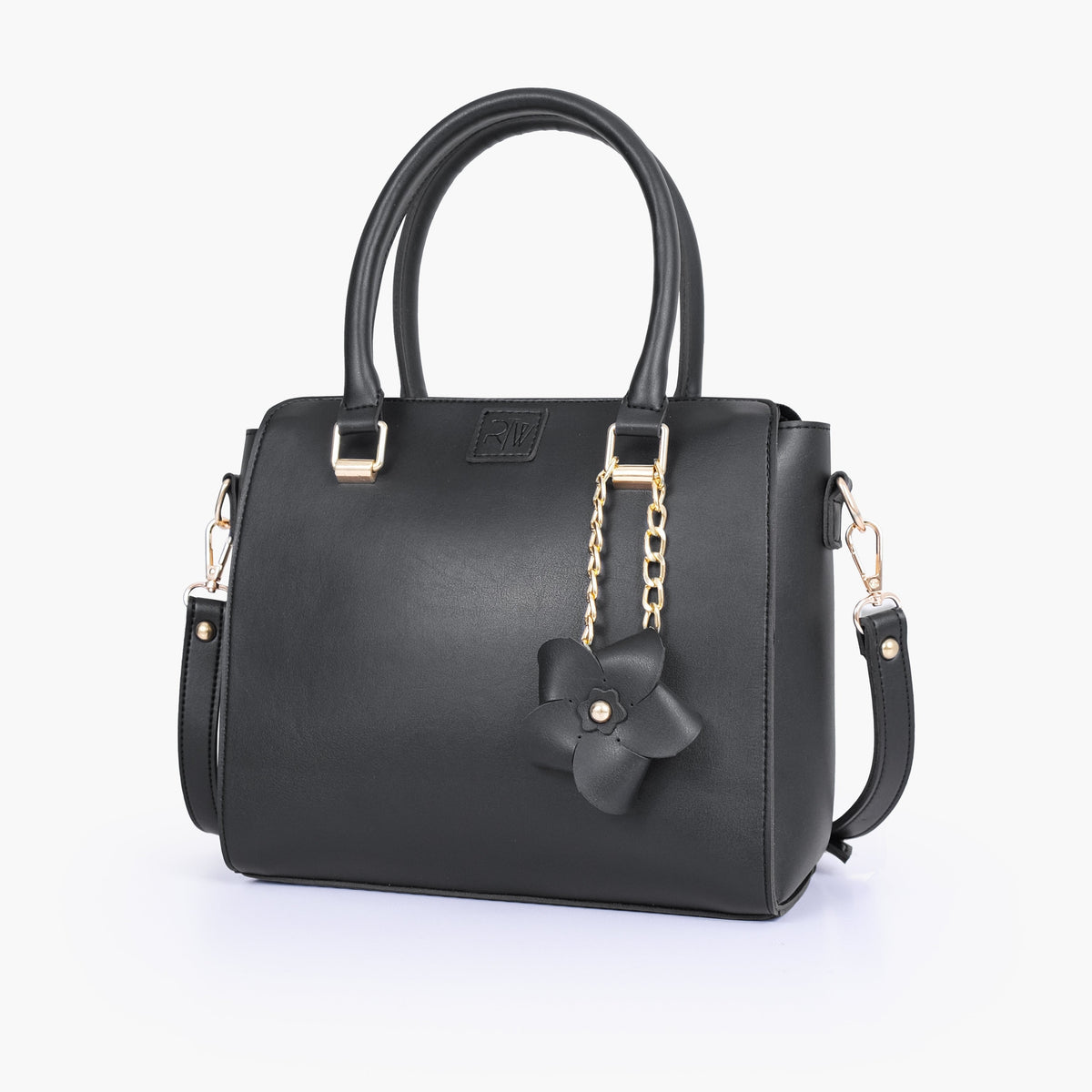 Black handbag with flower charm