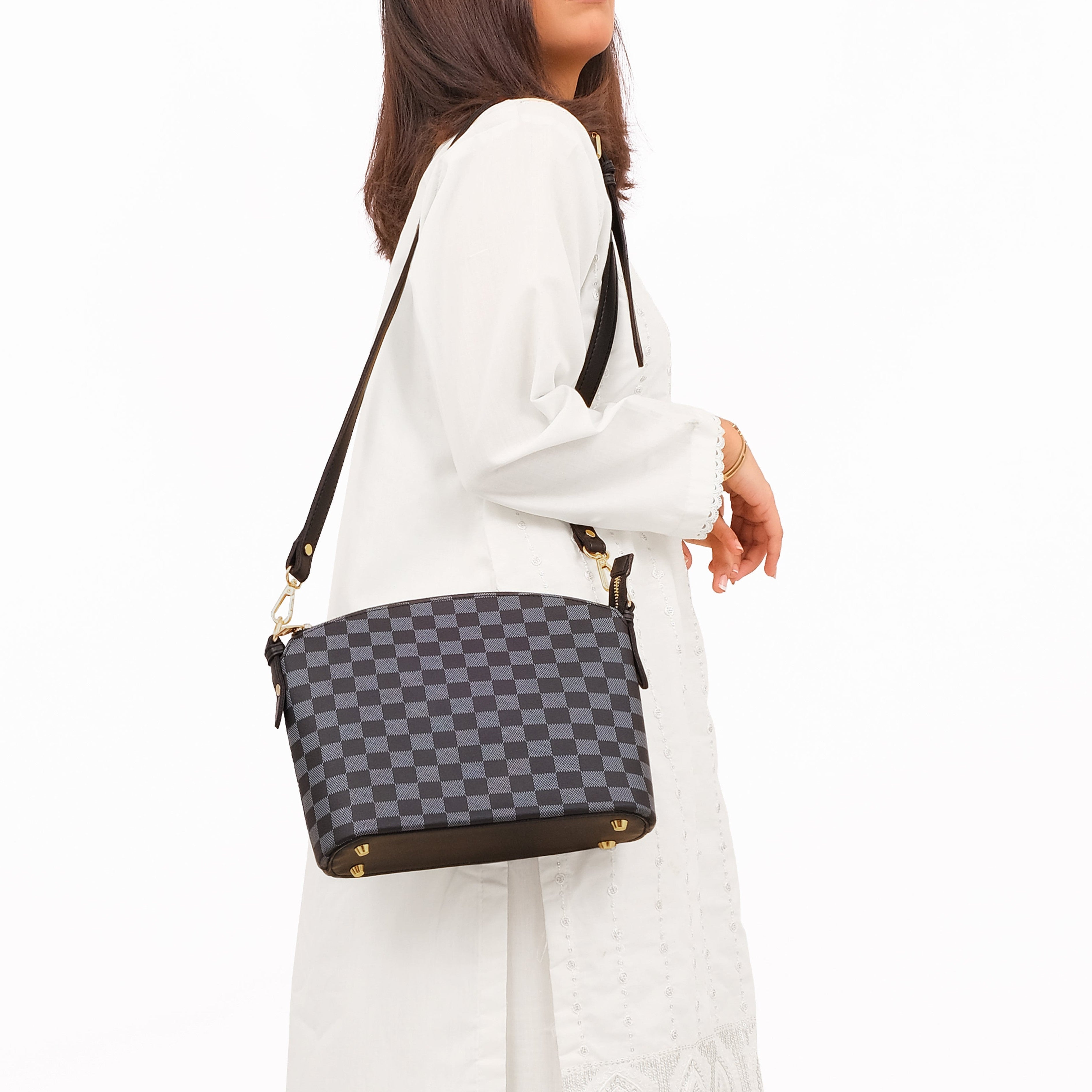 Black checkered dome cross-body bag