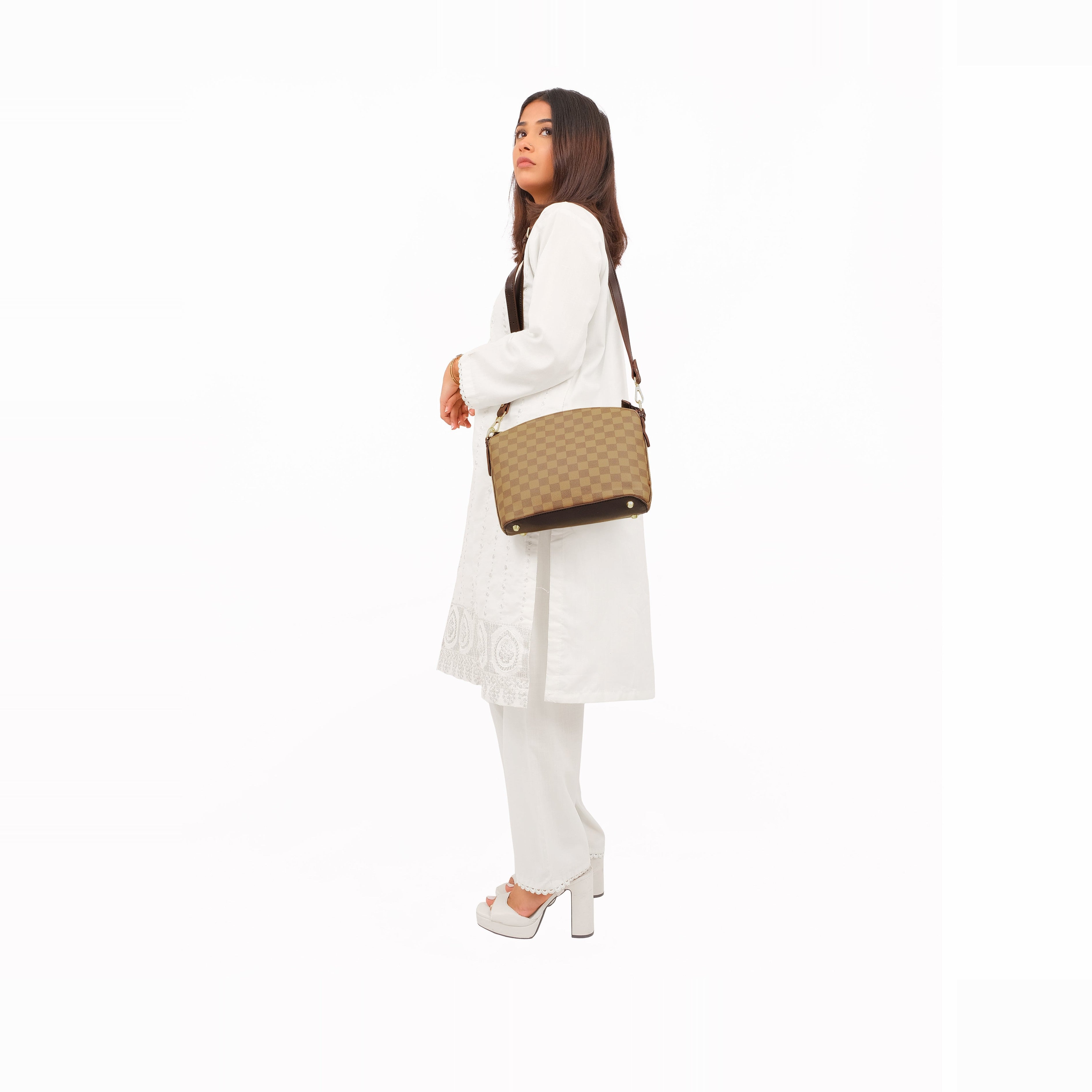 Brown checkered dome cross-body bag