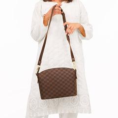 Dark brown checkered dome cross-body bag