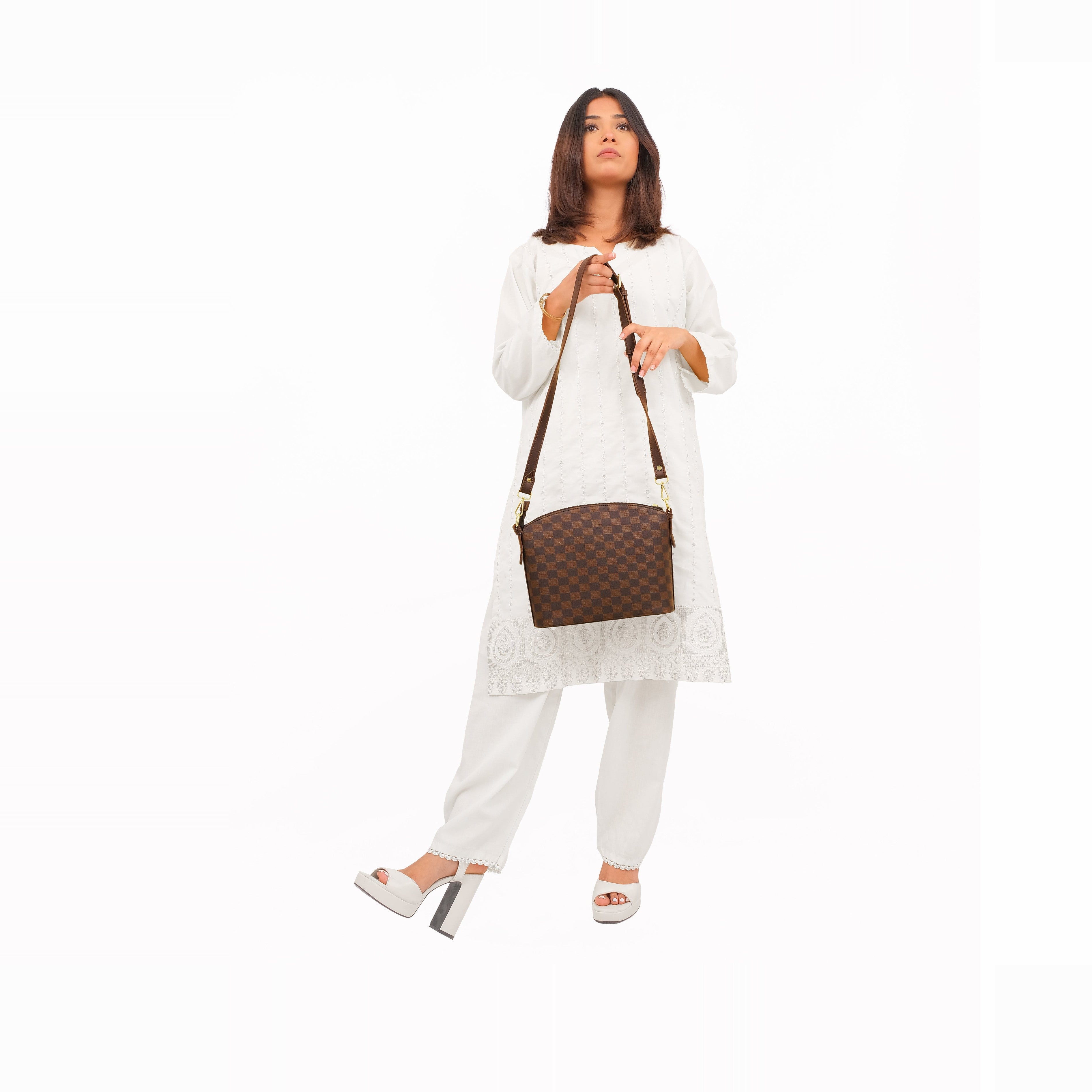 Dark brown checkered dome cross-body bag