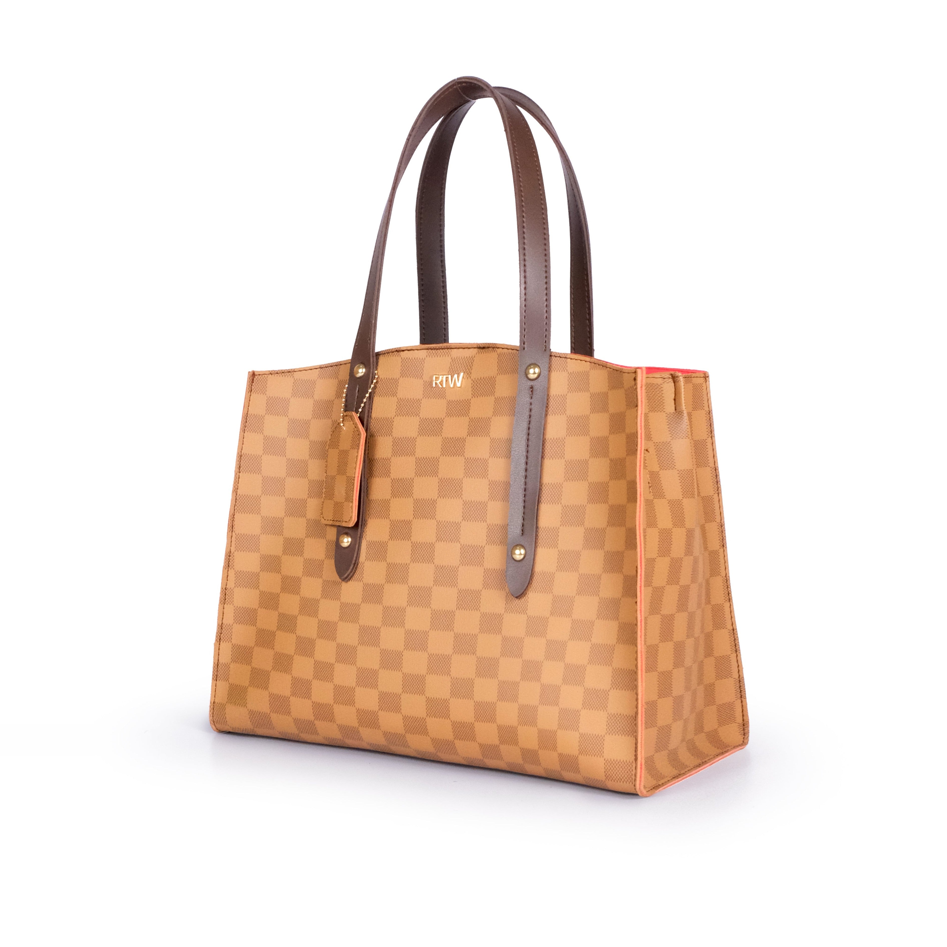 Brown checkered multi compartment satchel bag