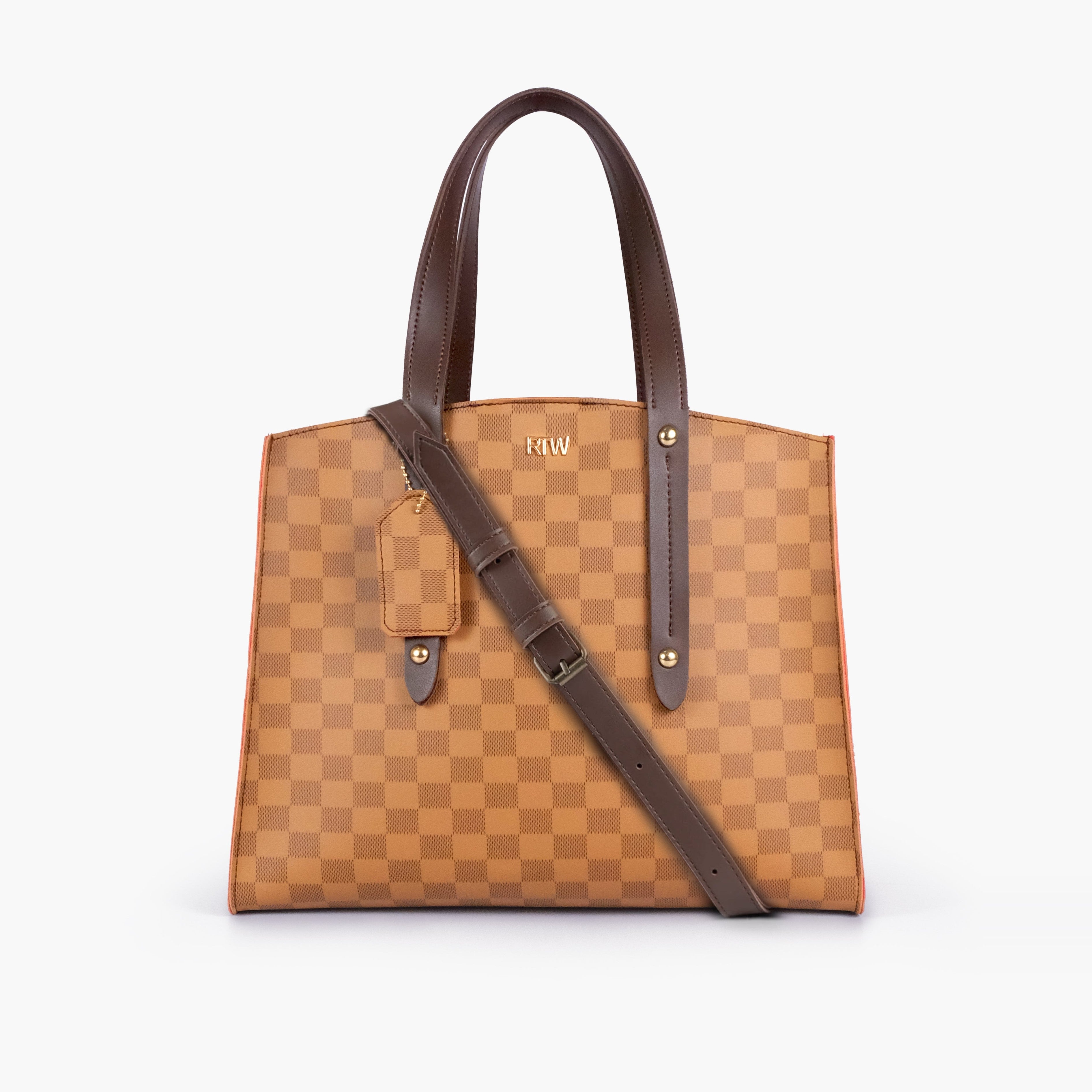 Brown checkered multi compartment satchel bag