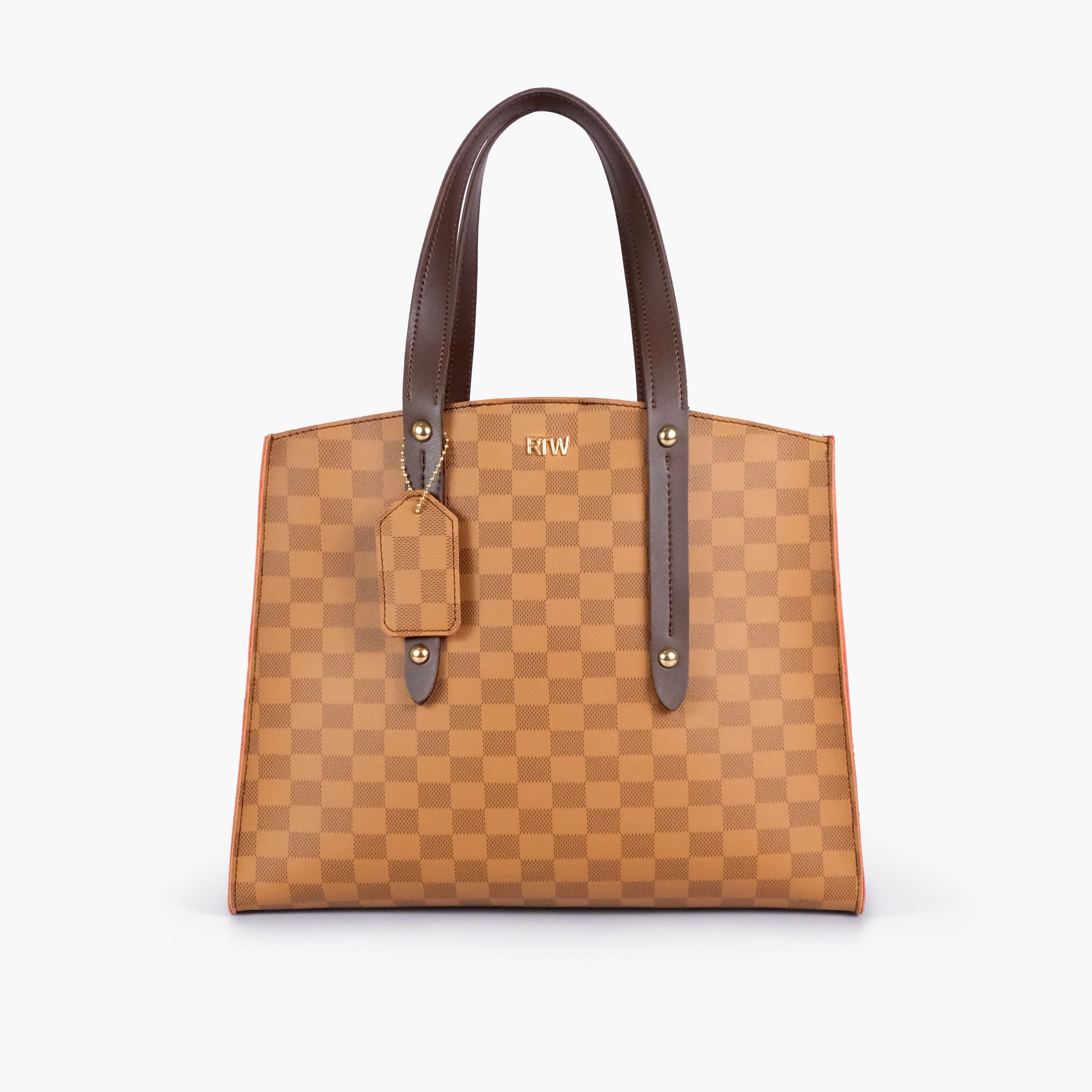Brown checkered multi compartment satchel bag