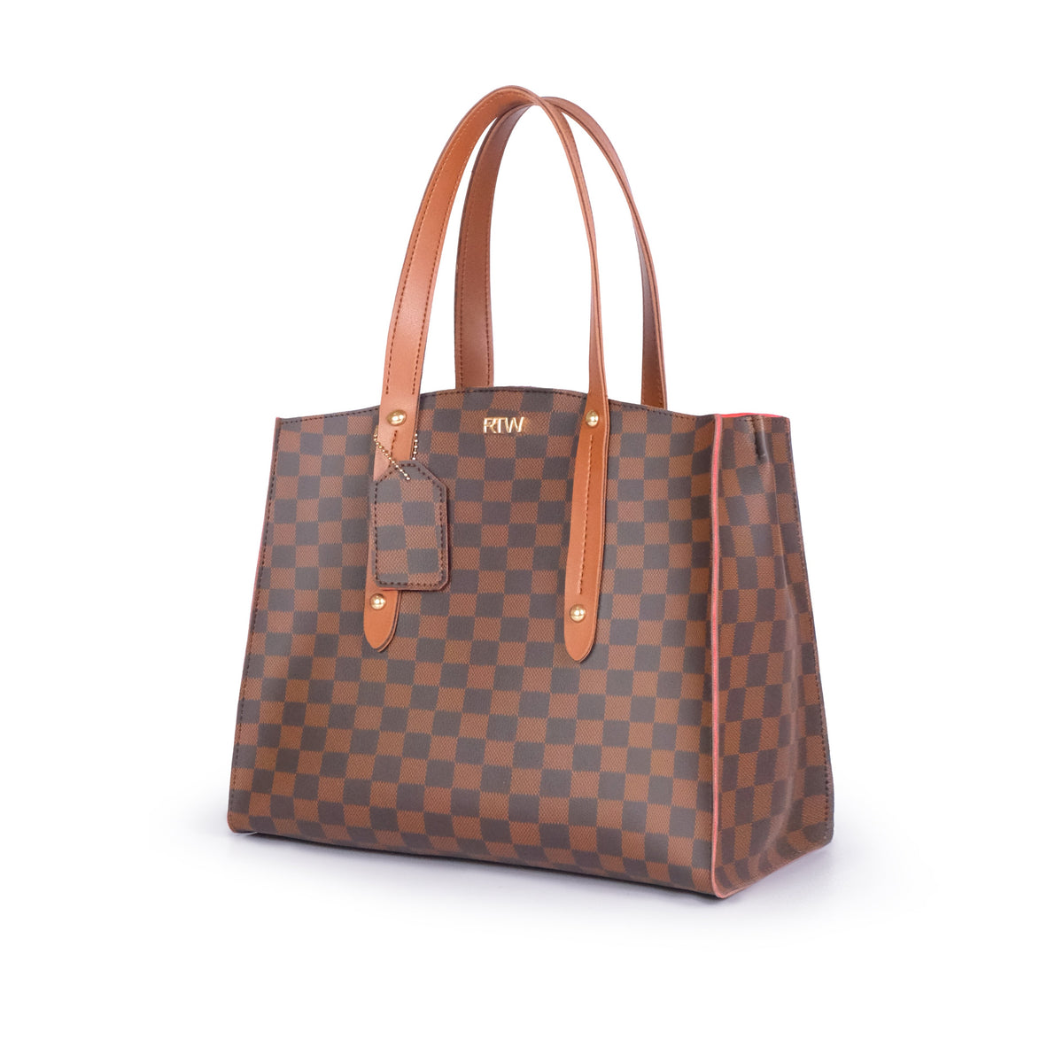 Dark brown checkered multi compartment satchel bag