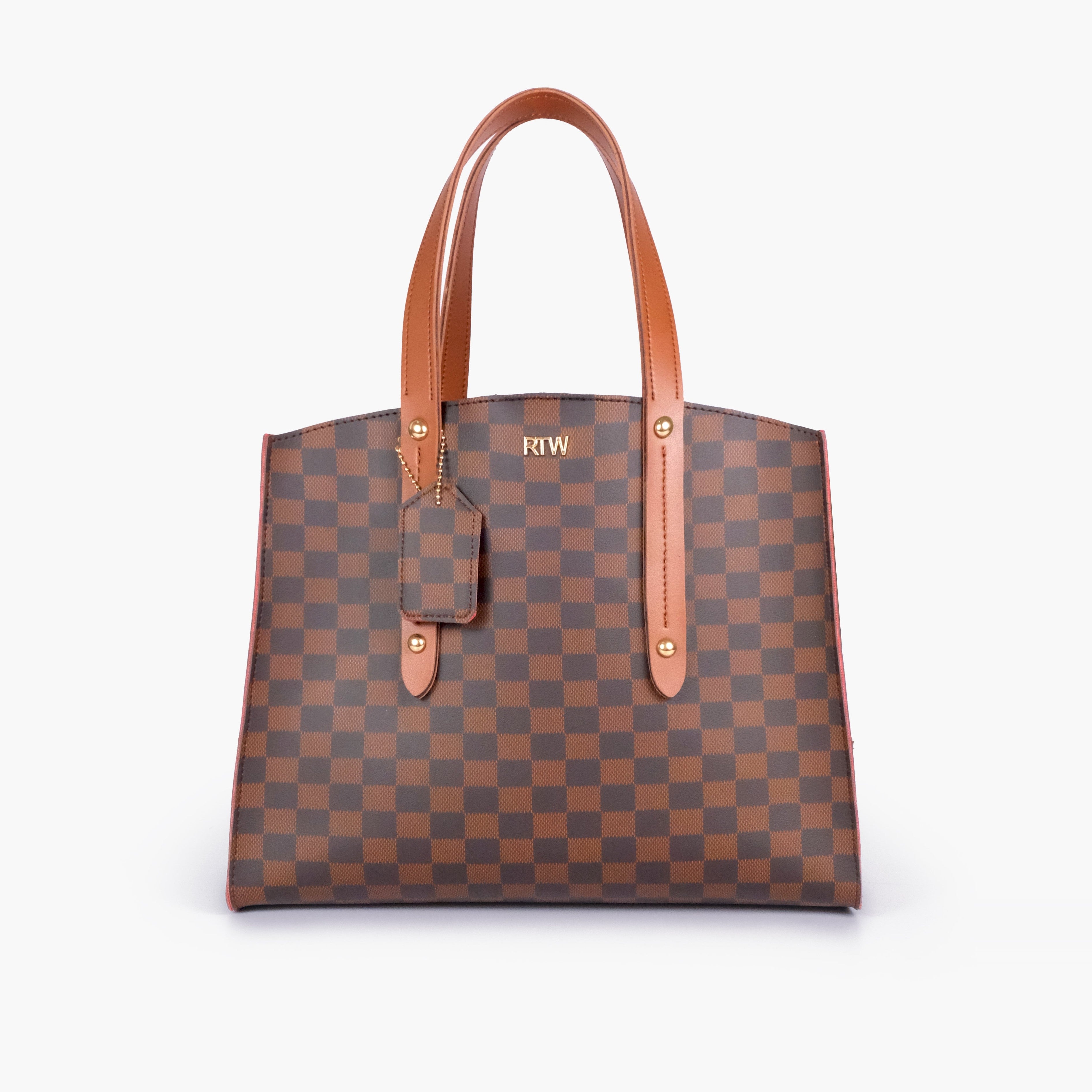 Dark brown checkered multi compartment satchel bag