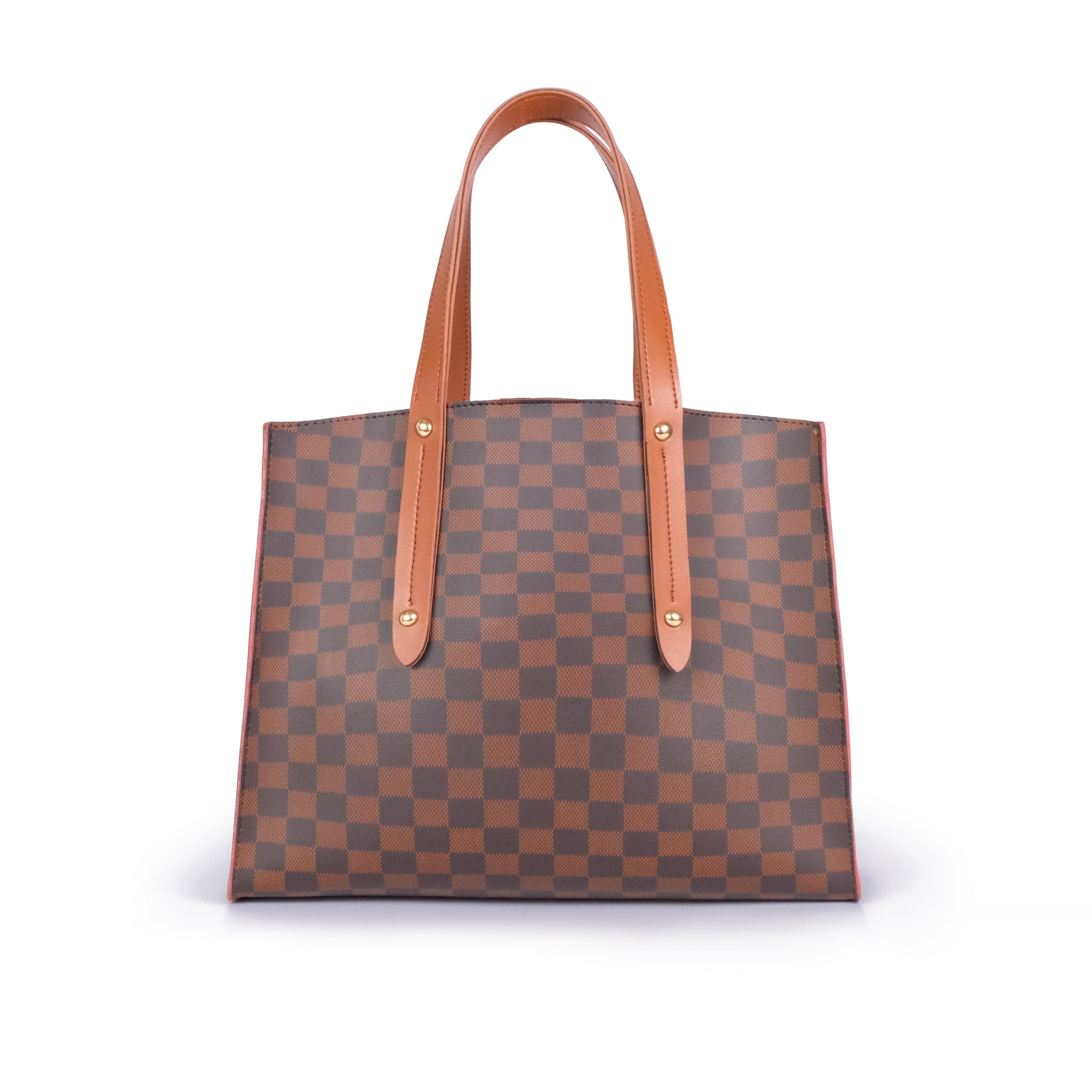 Dark brown checkered multi compartment satchel bag